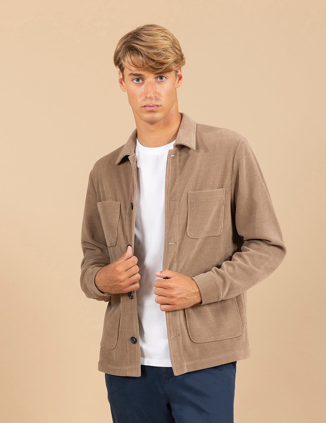 CAMEL RIBBED KNIT OVERSHIRT