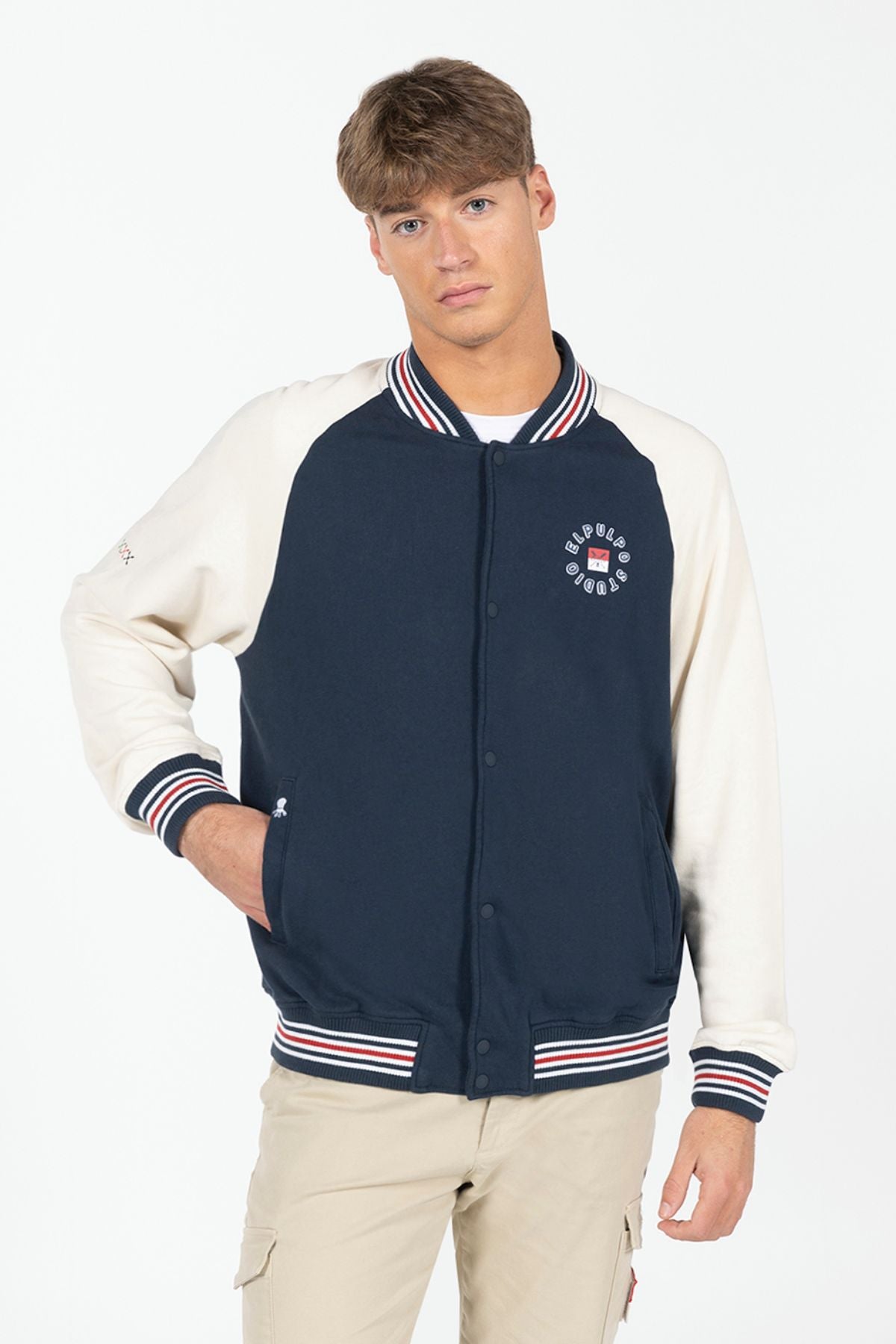 NAVY BLUE PRINTED VARSITY BOMBER JACKET