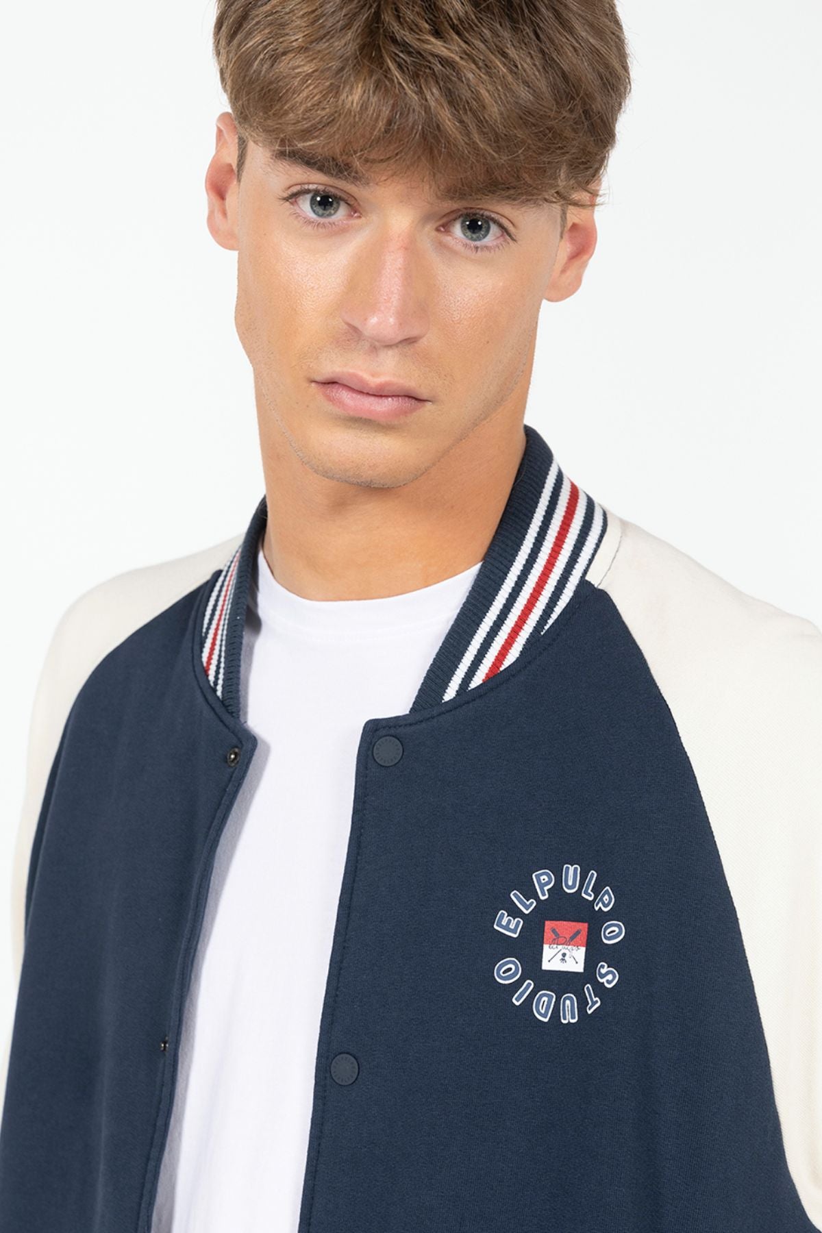 NAVY BLUE PRINTED VARSITY BOMBER JACKET