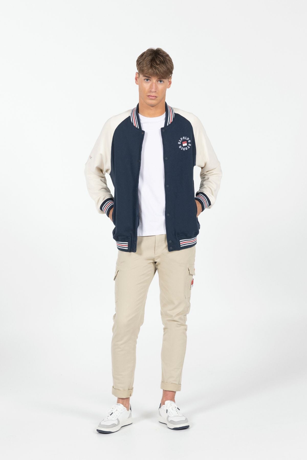 NAVY BLUE PRINTED VARSITY BOMBER JACKET
