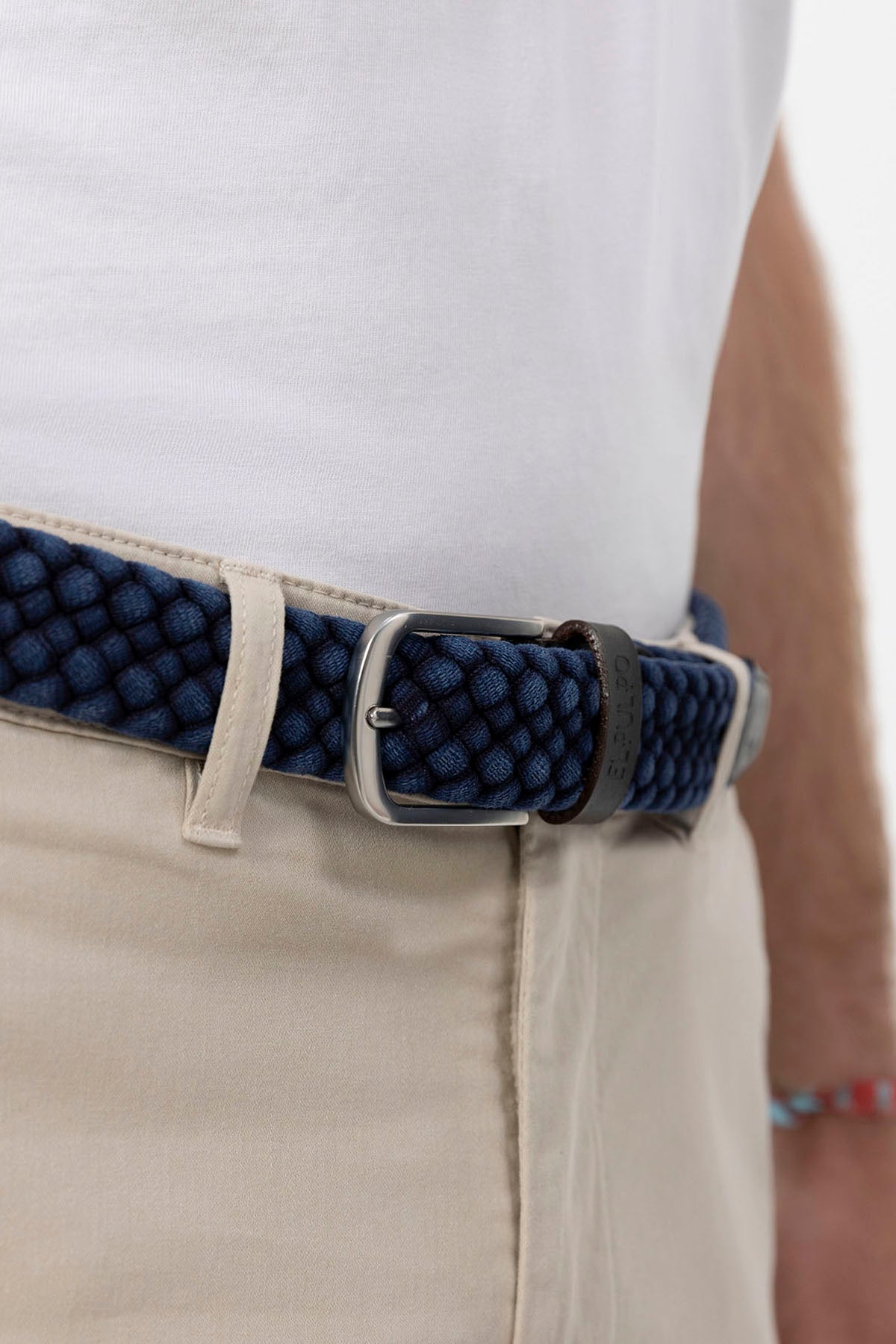 BRAIDED ELASTIC BELT AND INDIGO LEATHER