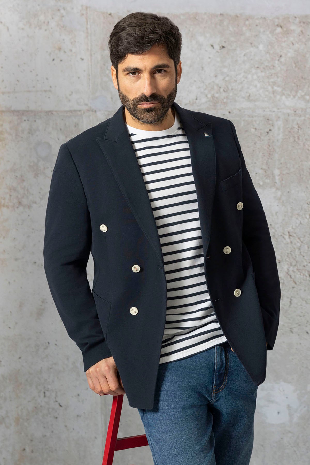 NAVY BLUE PIQUÉ DOUBLE-BREAKED BLAZER