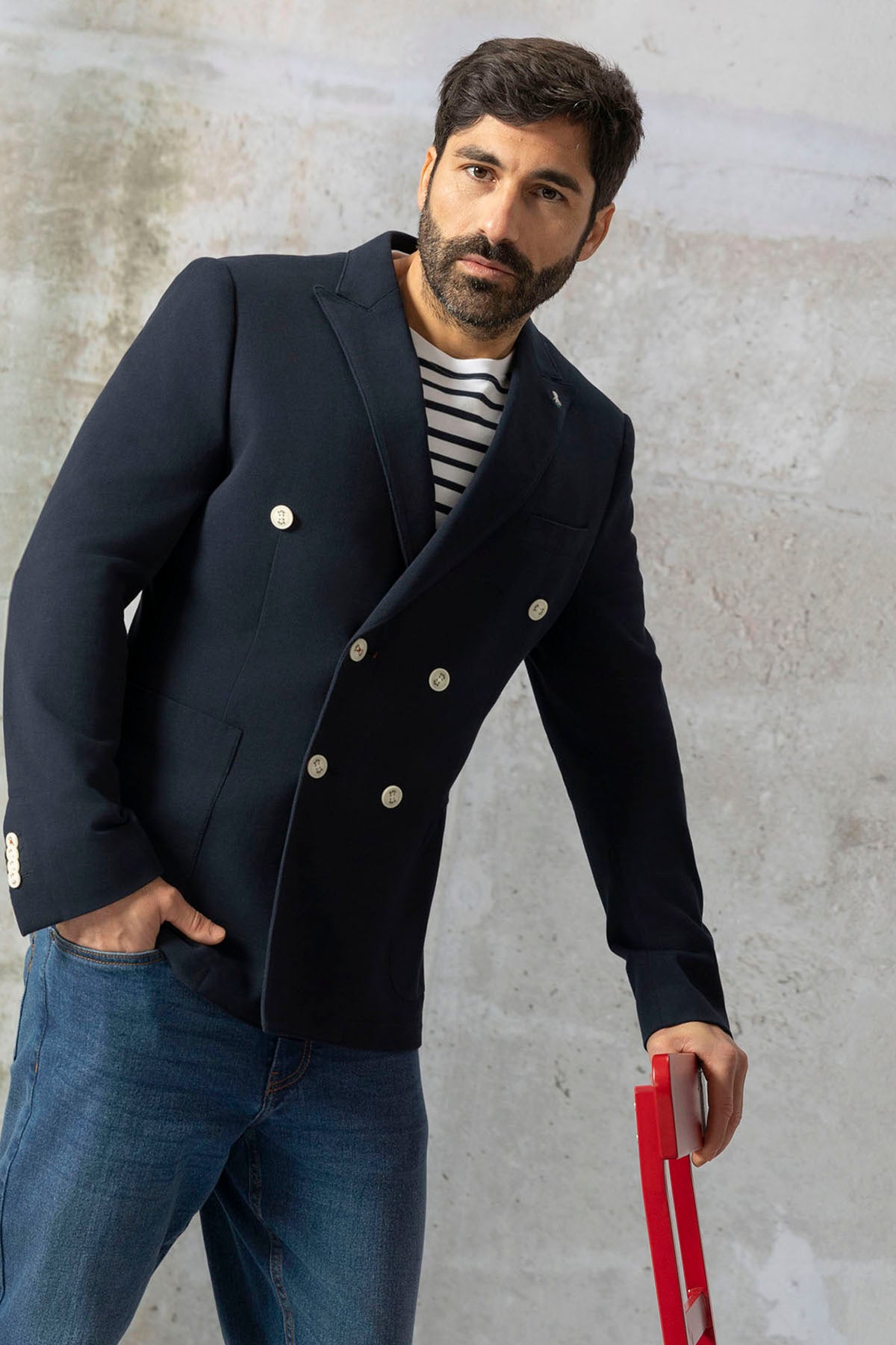 NAVY BLUE PIQUÉ DOUBLE-BREAKED BLAZER