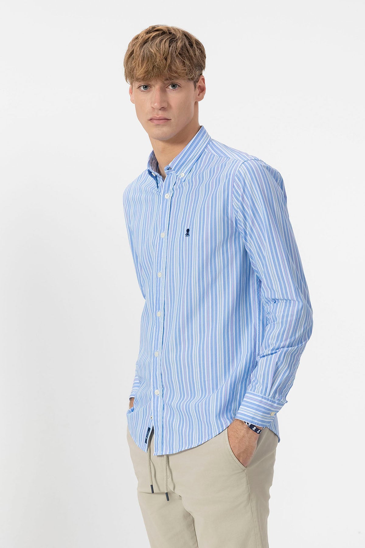 BUTTON COLLAR SHIRT POPLIN STRIPED BLUE MULTICOLOR