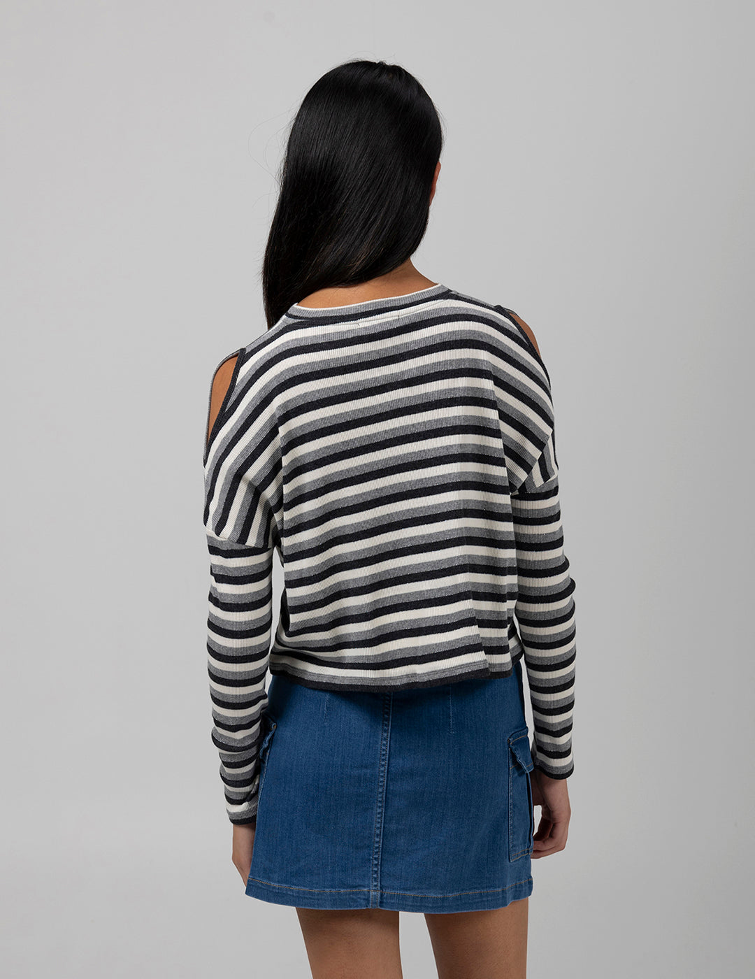 TEEN STRIPED LONG SLEEVE T-SHIRT WITH SHOULDER OPENING BLACK