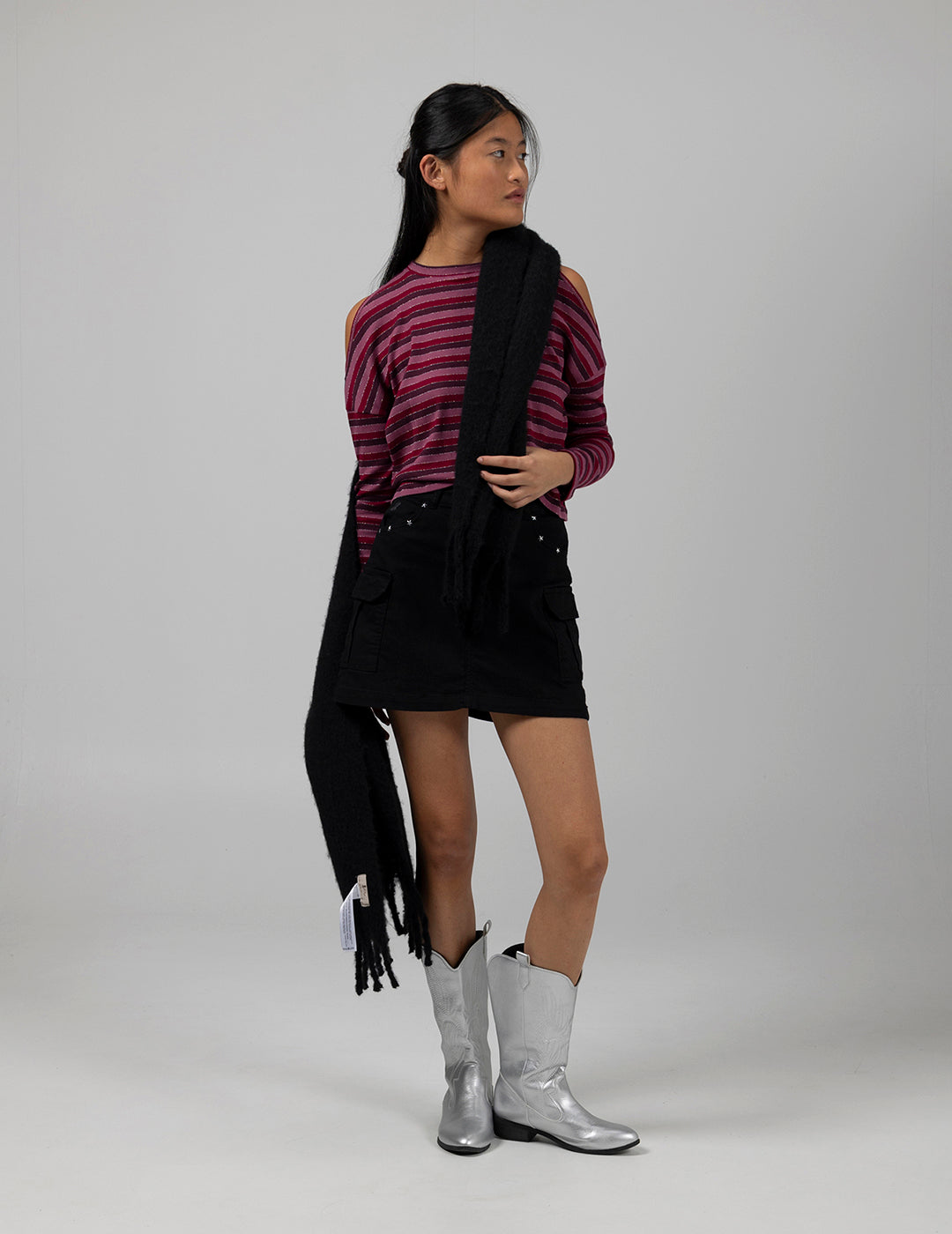 TEEN STRIPED LONG SLEEVE T-SHIRT WITH SHOULDER OPENING PINK MULTICOLOR