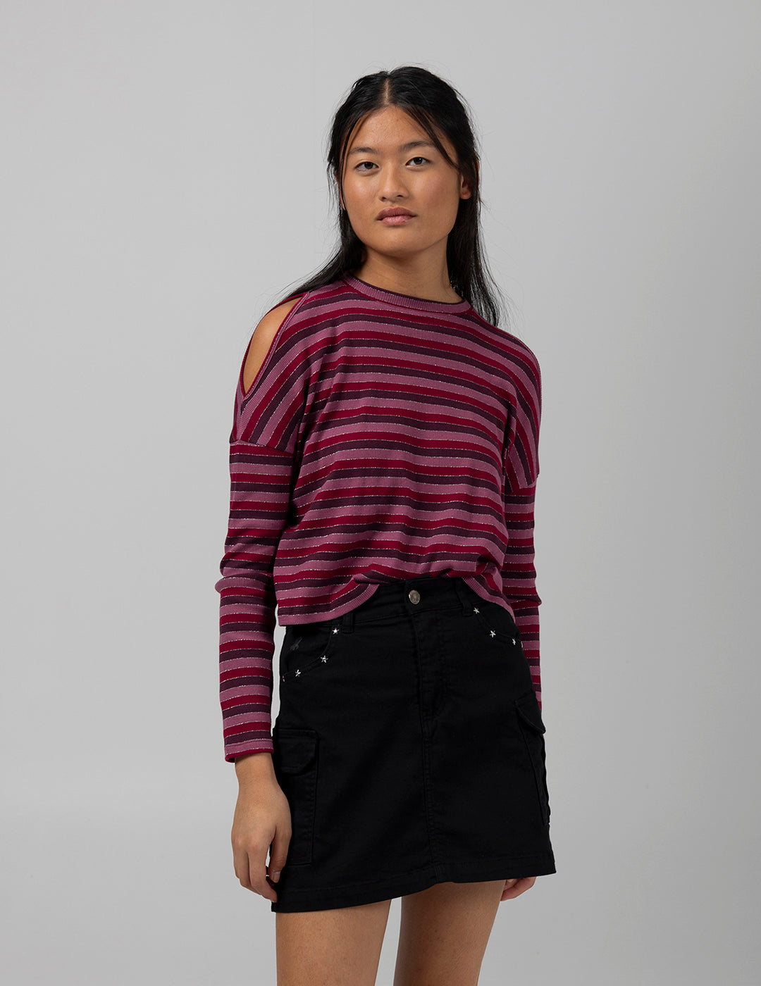 TEEN STRIPED LONG SLEEVE T-SHIRT WITH SHOULDER OPENING PINK MULTICOLOR