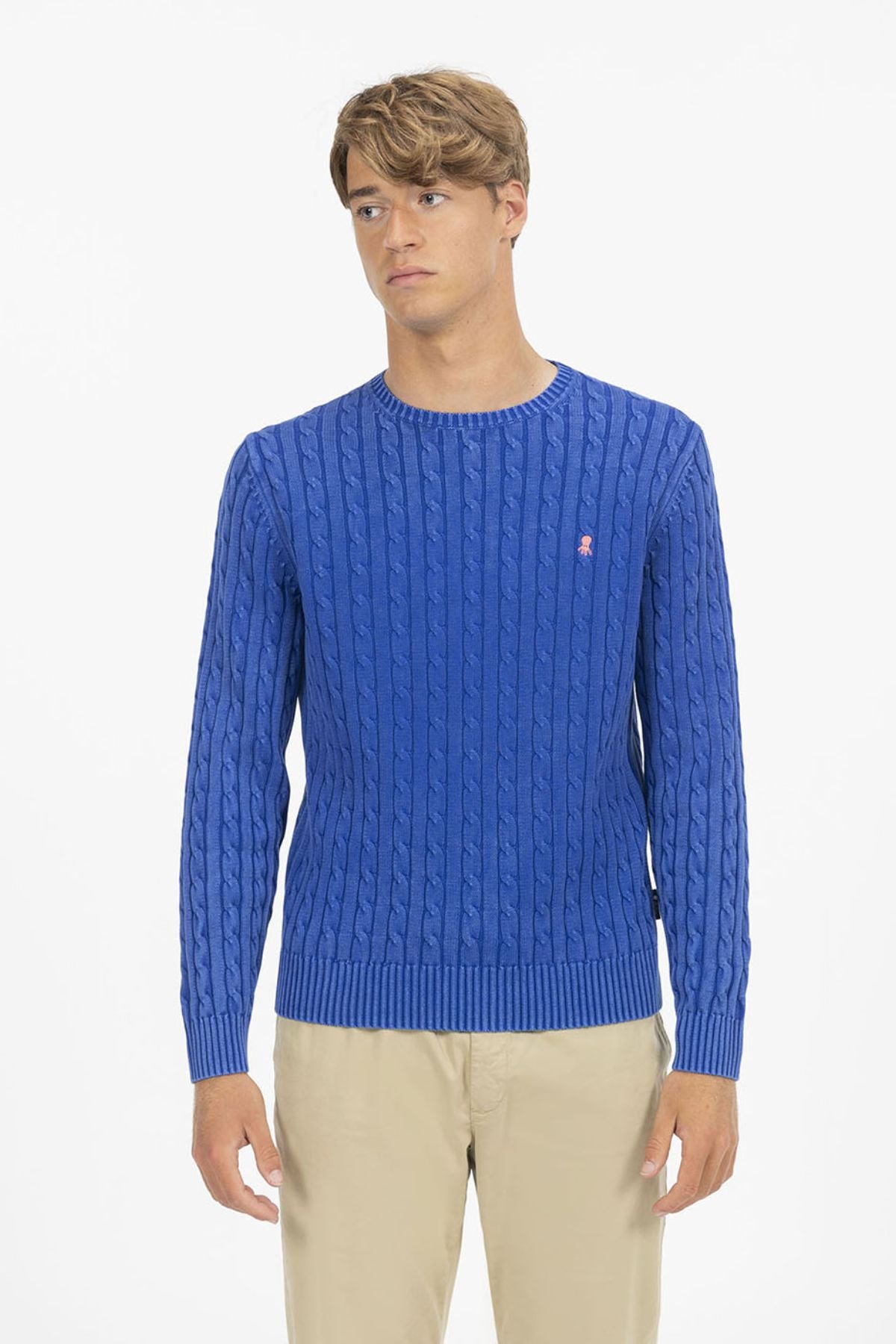 ROYAL BLUE WASHED CABLE KNIT SWEATER