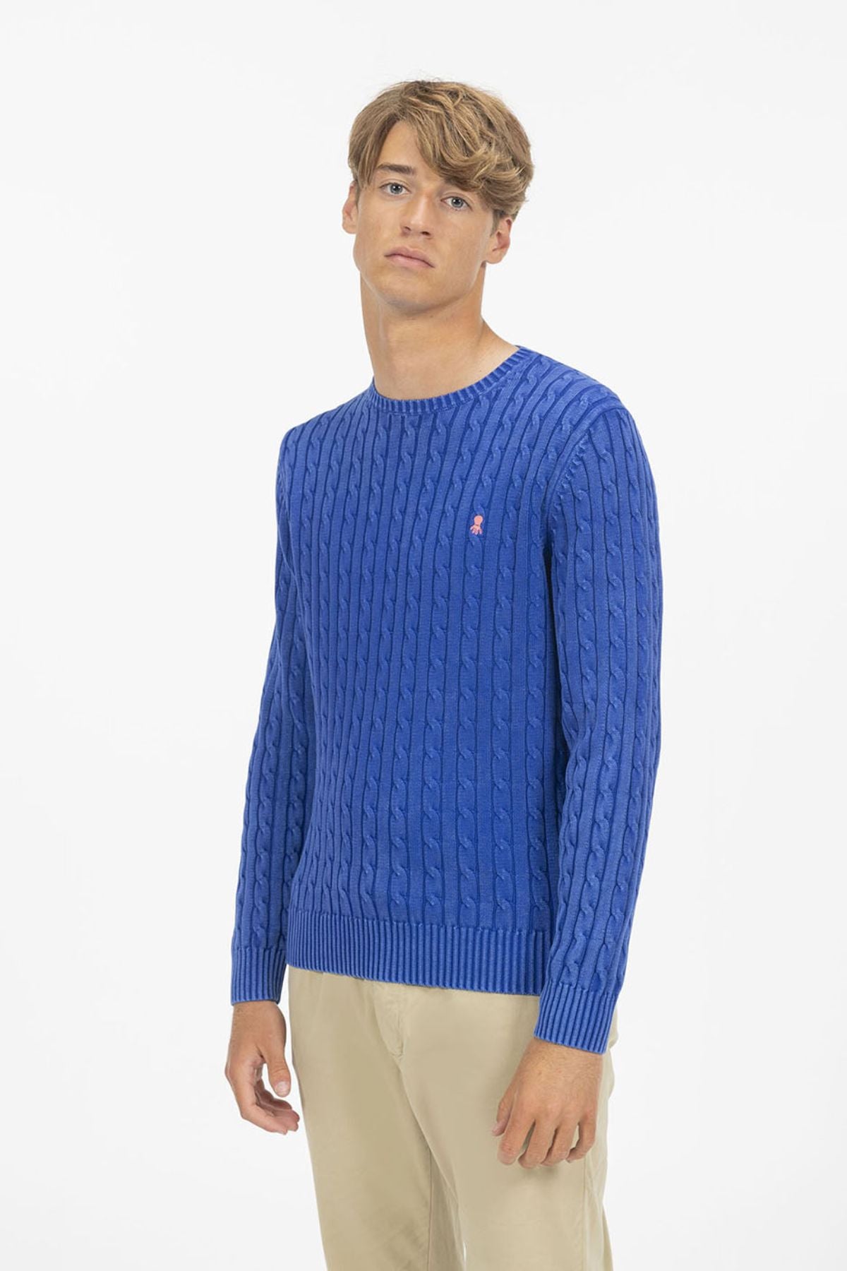 ROYAL BLUE WASHED CABLE KNIT SWEATER