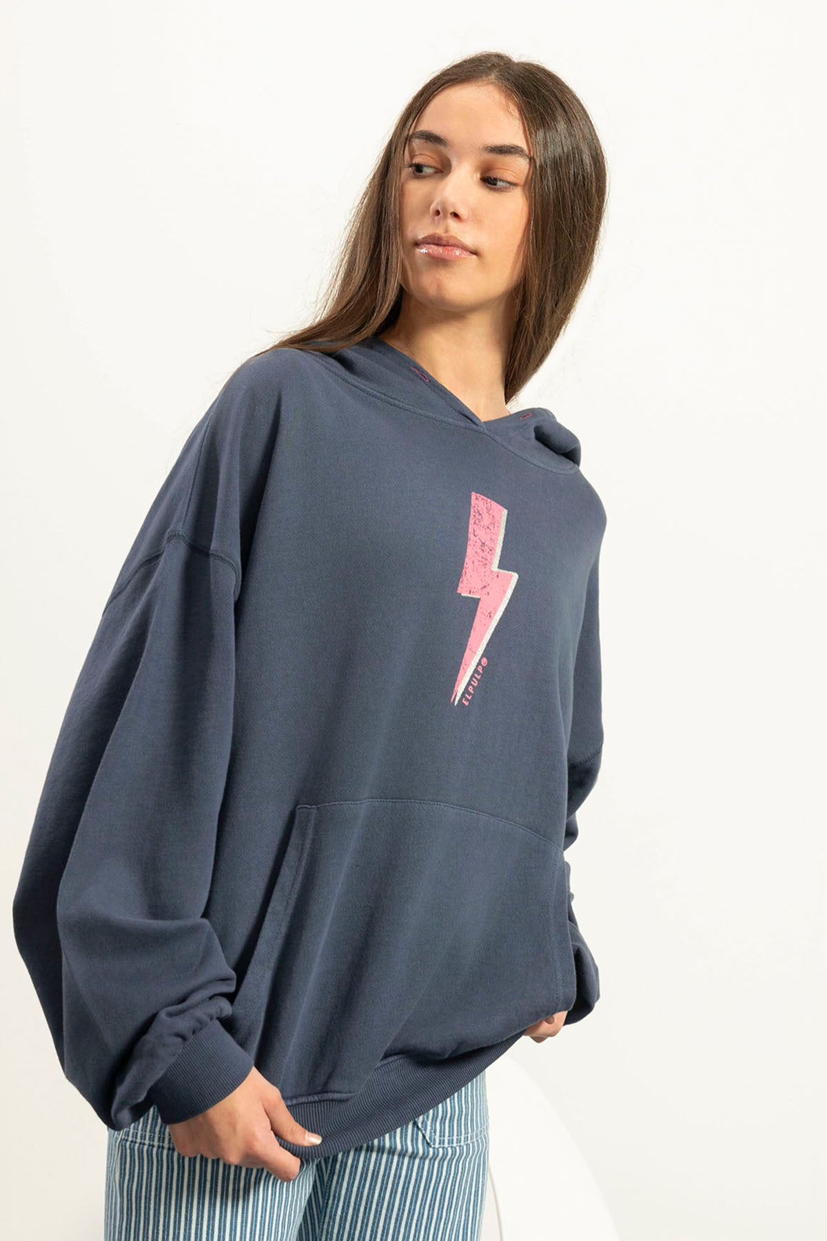 TEEN SWEATSHIRT WITH WASHED HOODIE LIGHTNING NAVY BLUE DELAVÉ