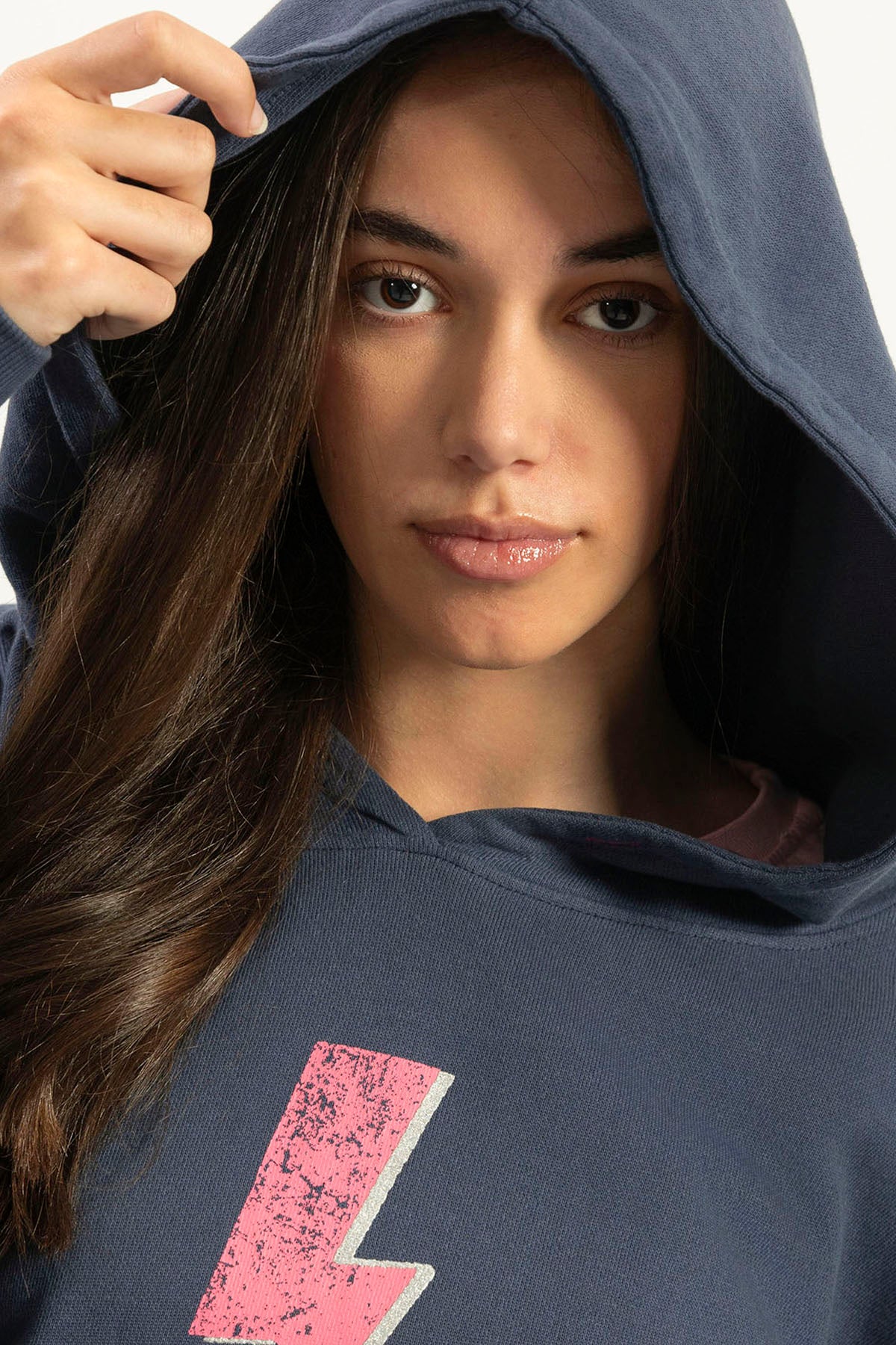 TEEN SWEATSHIRT WITH WASHED HOODIE LIGHTNING NAVY BLUE DELAVÉ