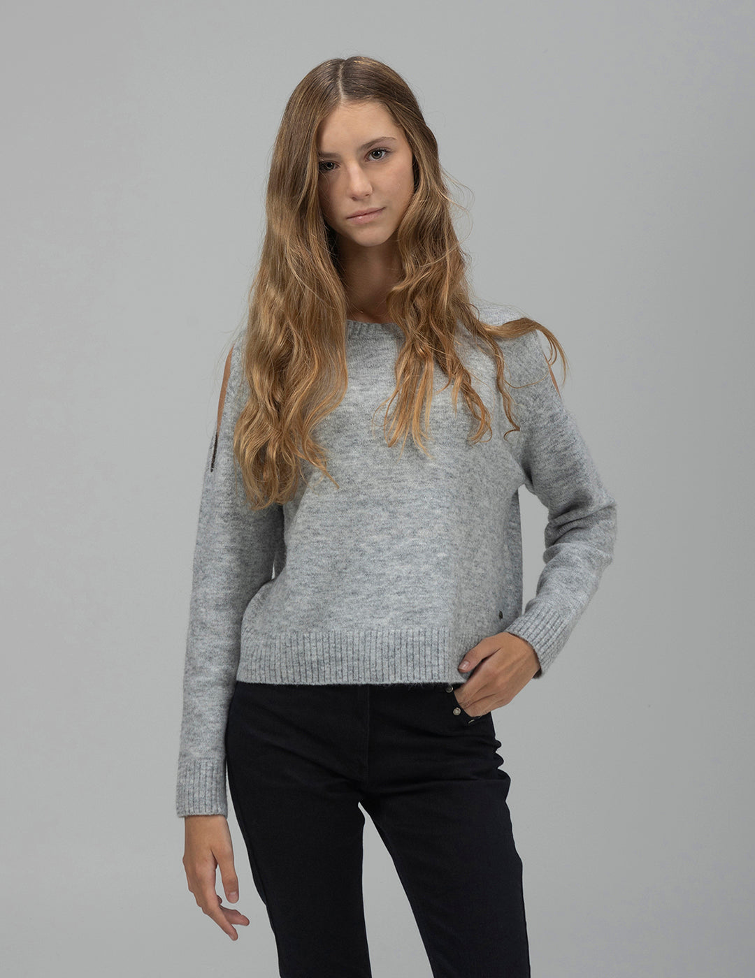 TEEN KNITTED JERSEY WITH SHOULDER OPENING PEARL GREY