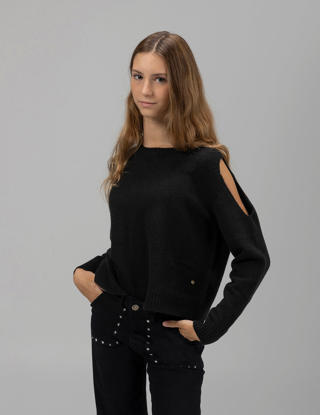 TEEN KNITTED JERSEY WITH SHOULDER OPENING BLACK