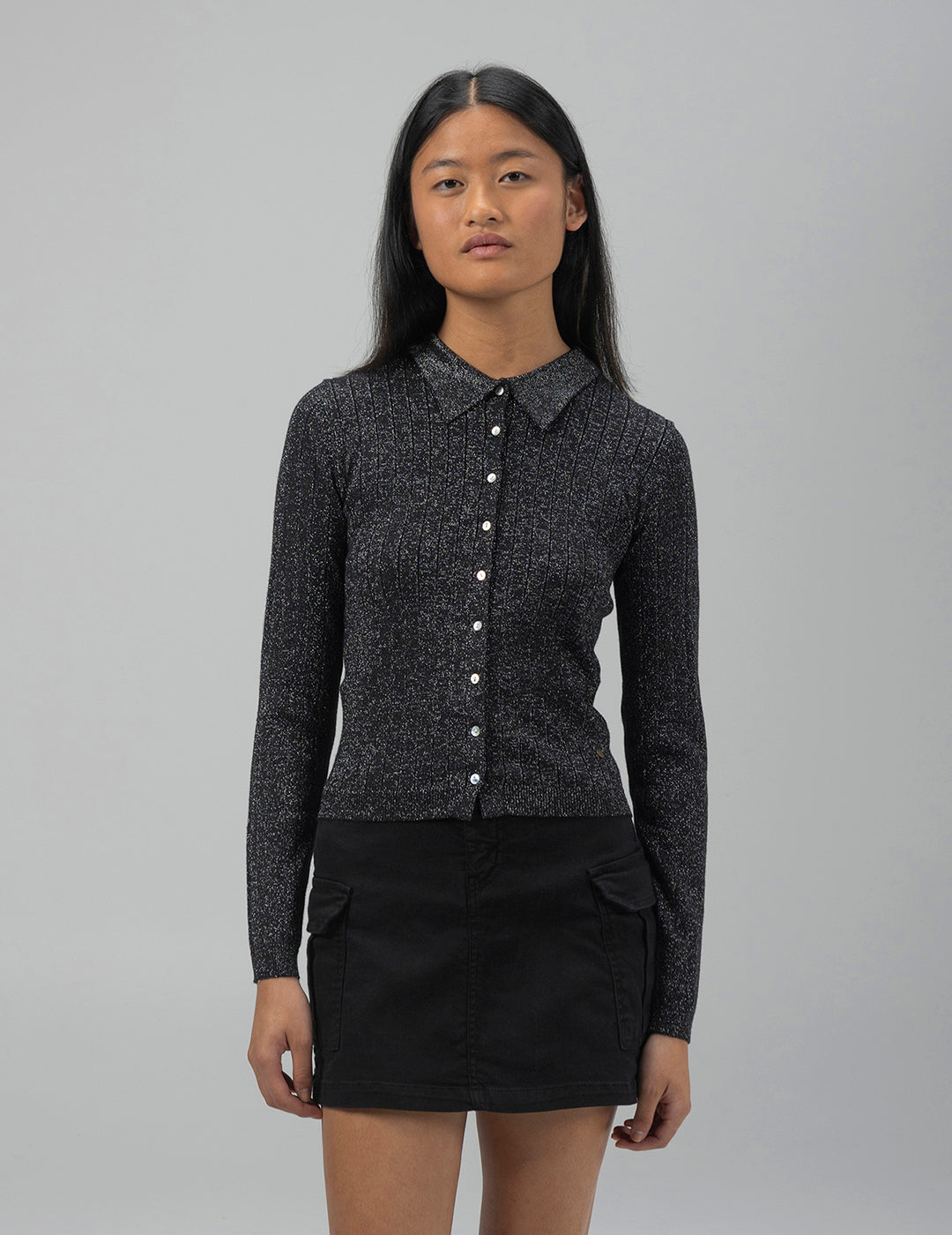 TEEN KNITTED JACKET WITH BLACK LUREX SHIRT COLLAR