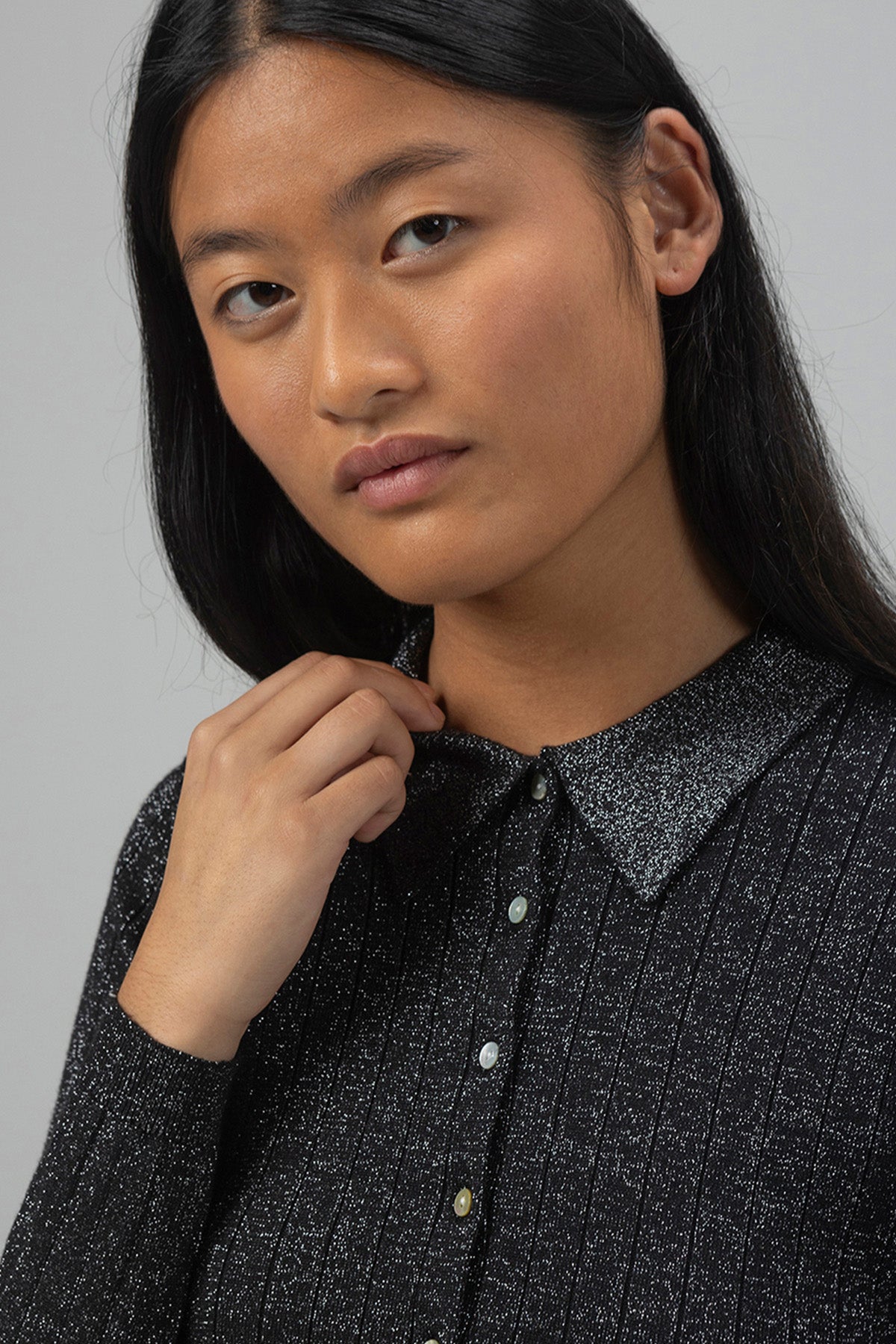 CHAQUETA PUNTO TEEN CUELLO CAMISERO LUREX NEGRO