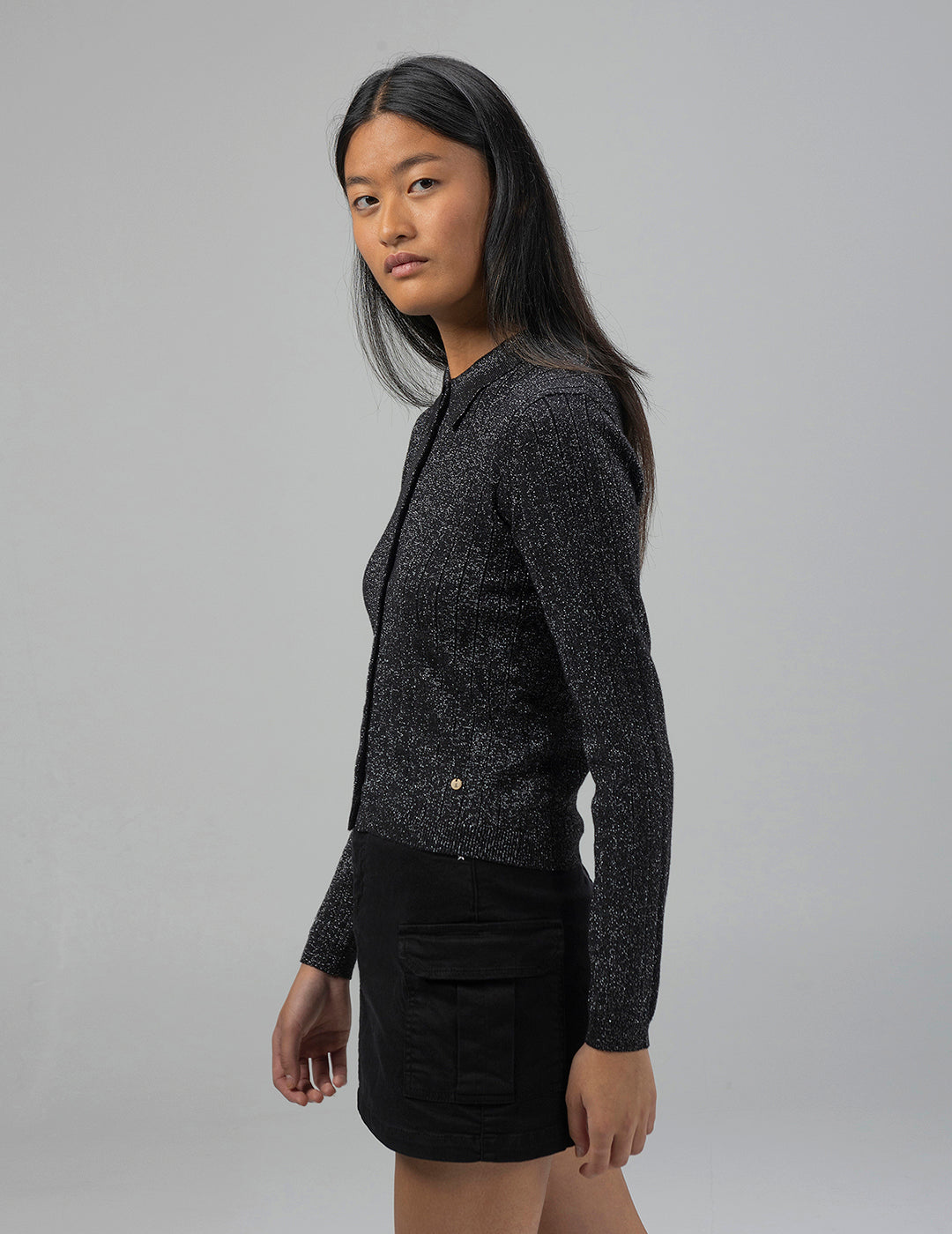 TEEN KNITTED JACKET WITH BLACK LUREX SHIRT COLLAR