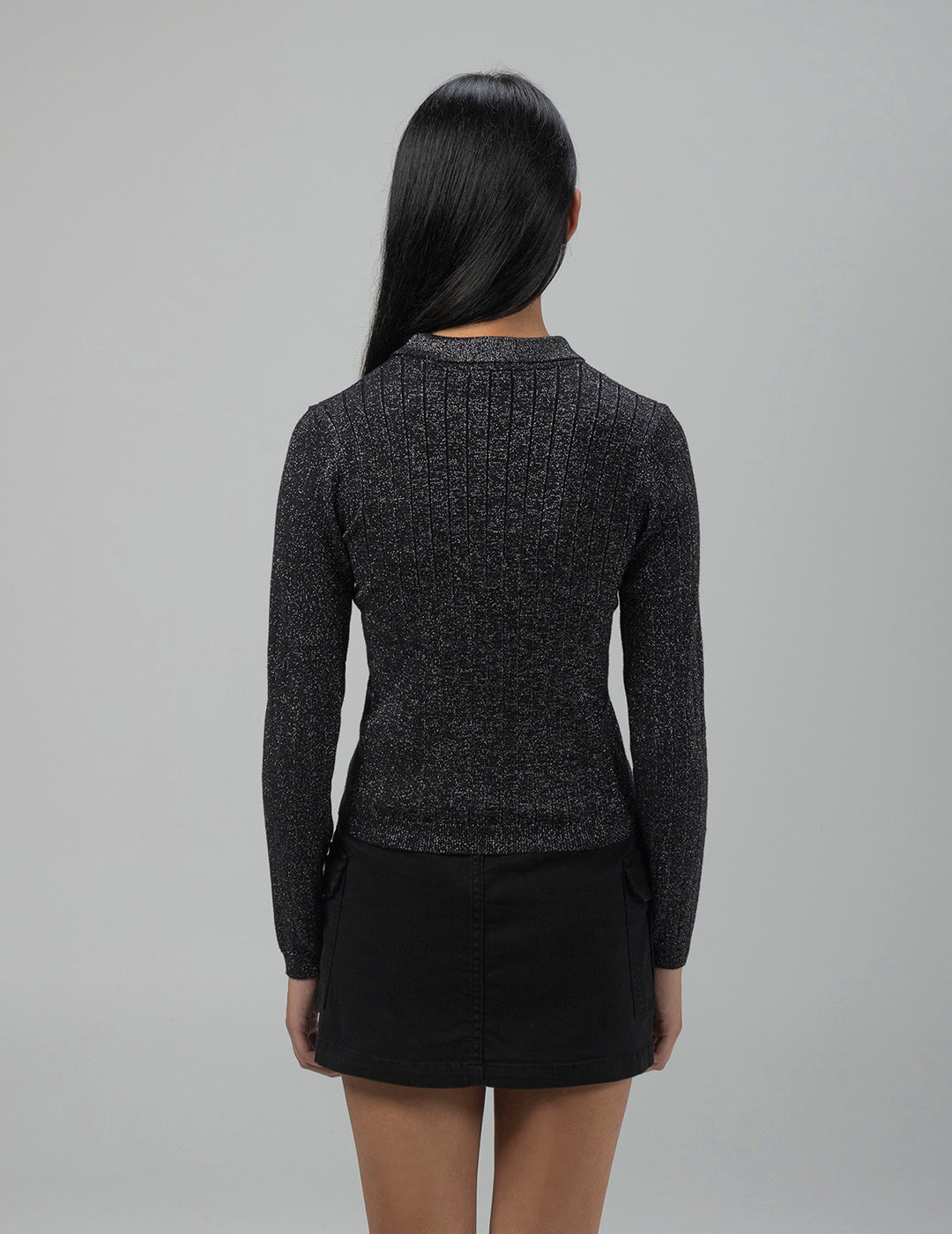 TEEN KNITTED JACKET WITH BLACK LUREX SHIRT COLLAR