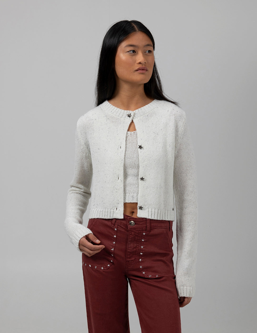 TEEN KNITTED JACKET WITH OFF-WHITE LUREX STAR BUTTONS