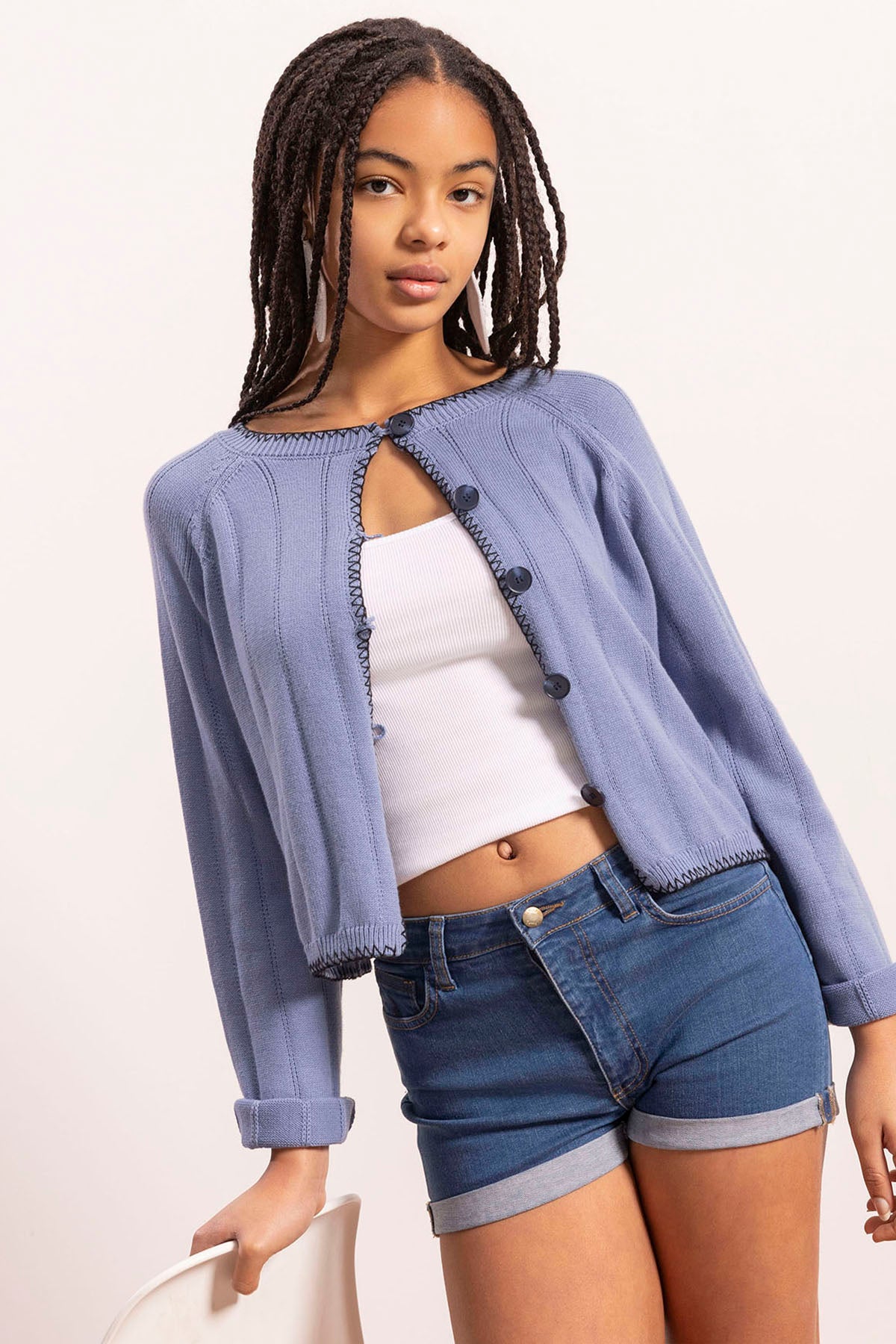 TEEN KNITTED JACKET WITH GRAY BLUE CONTRAST THREAD