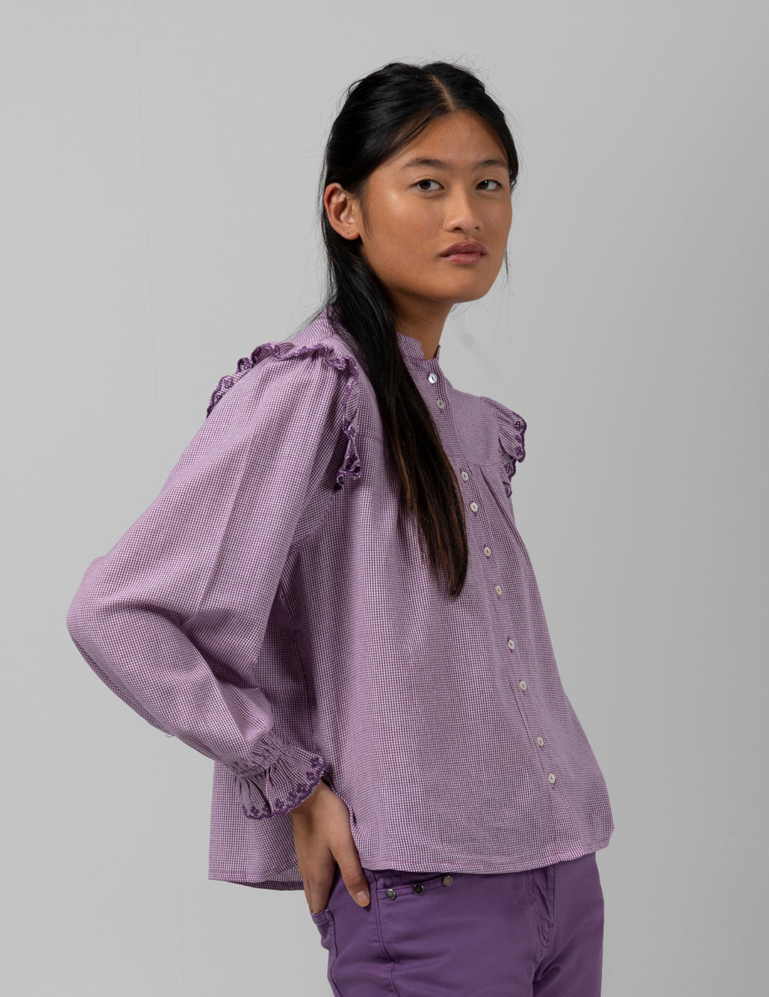 CAMISA TEEN ROMÁNTICA MICRO PATA DE GALLO MORADO