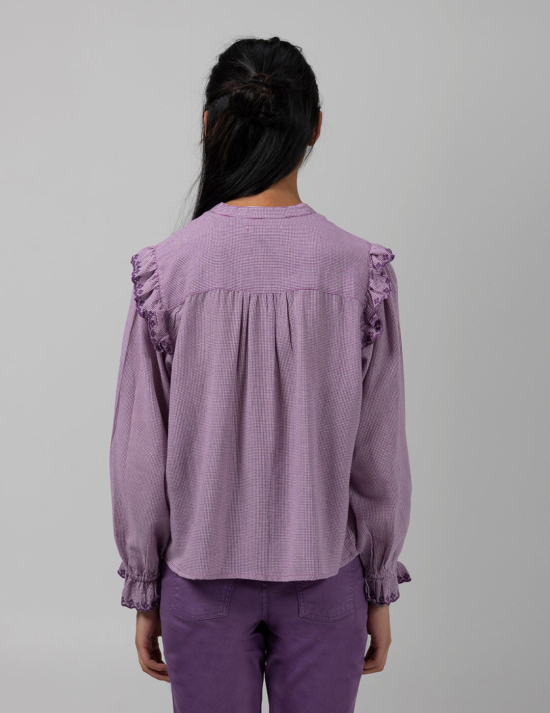 CAMISA TEEN ROMÁNTICA MICRO PATA DE GALLO MORADO