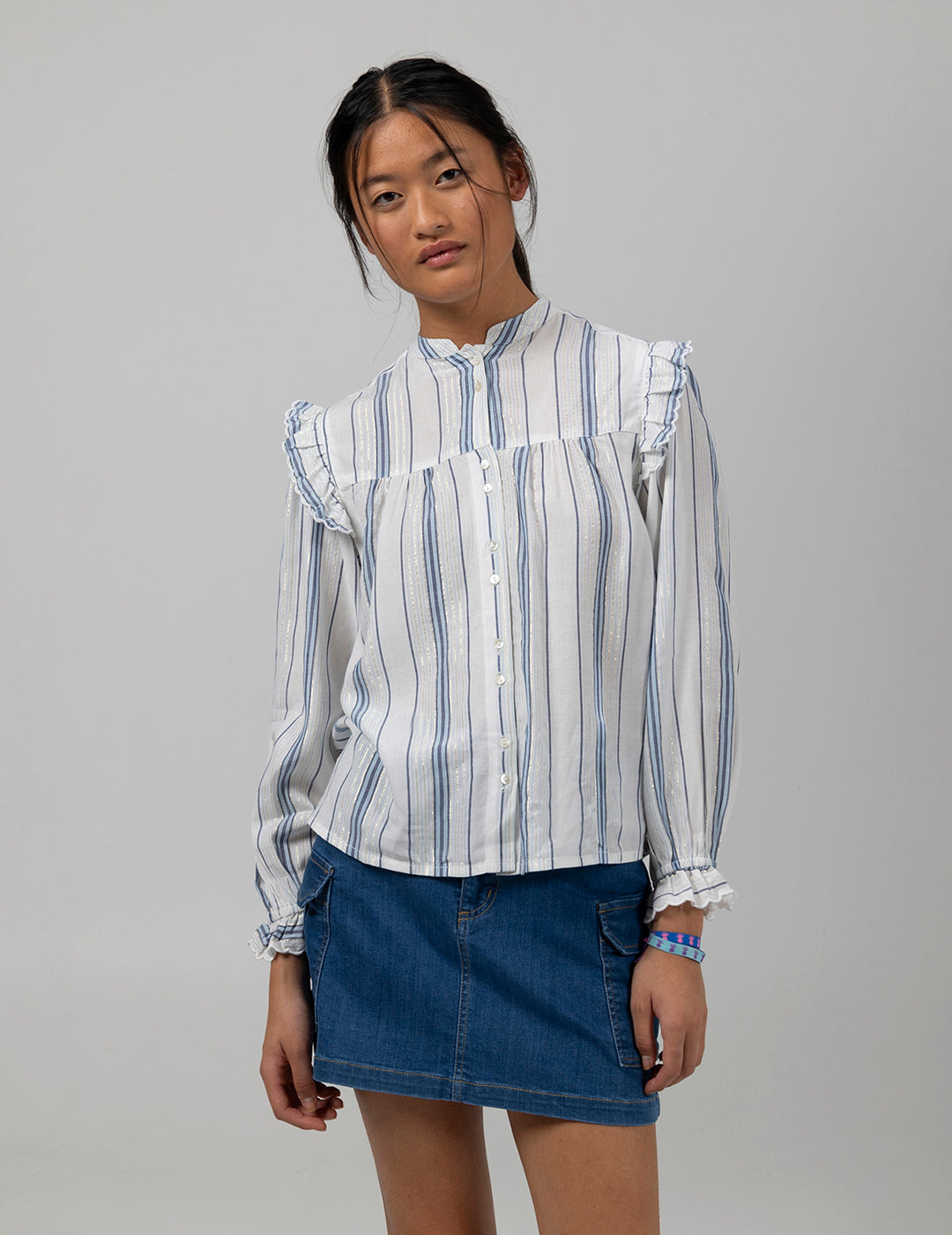 ROMANTIC TEEN SHIRT WITH CAPRI BLUE LUREX STRIPES