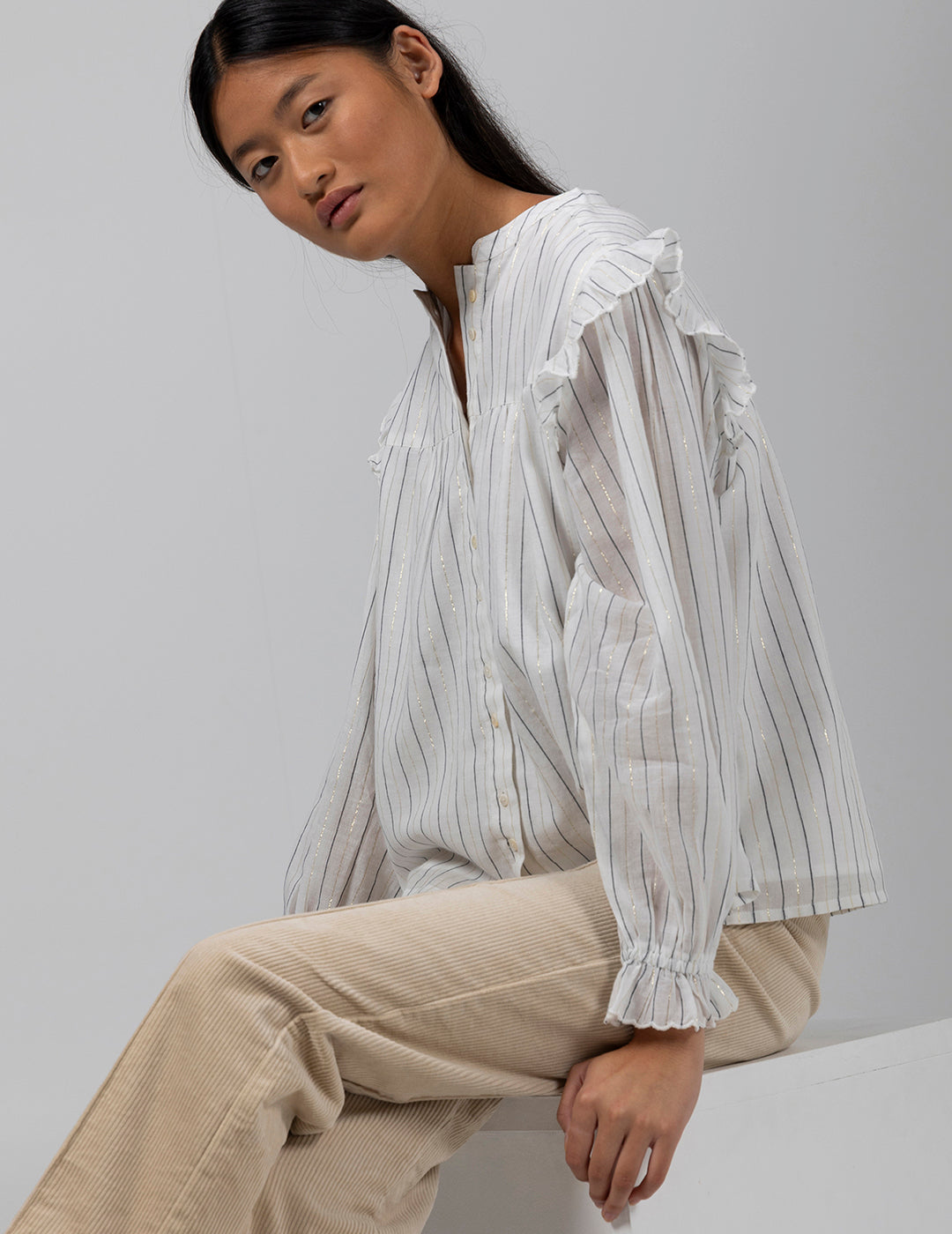 ROMANTIC TEEN SHIRT WITH TWO-TONE STRIPES IN OFF-WHITE LUREX