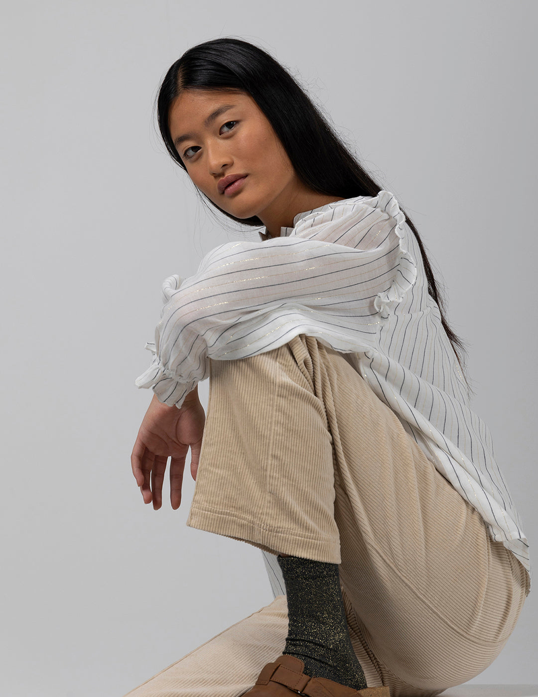 ROMANTIC TEEN SHIRT WITH TWO-TONE STRIPES IN OFF-WHITE LUREX