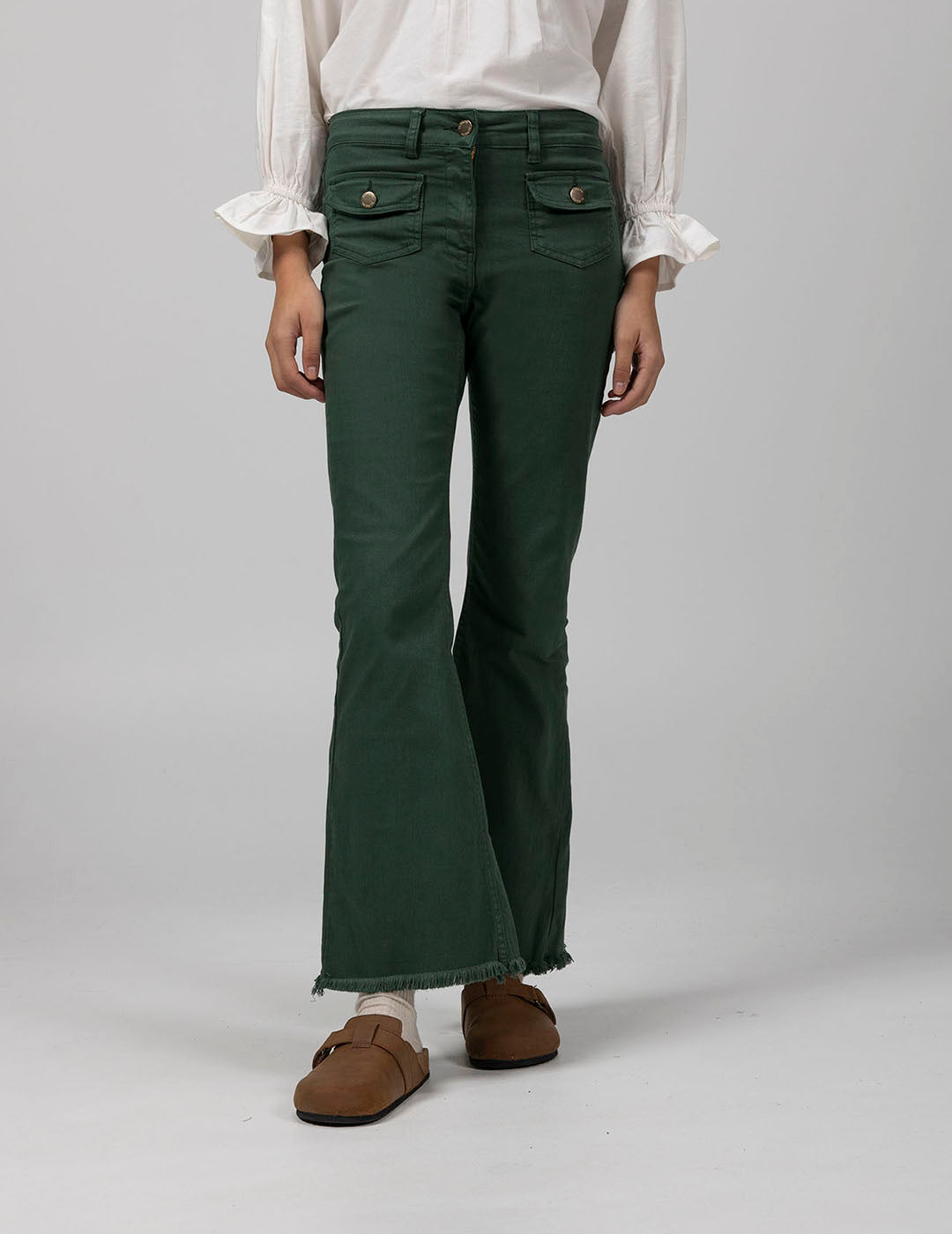 PANTALÓN TEEN DENIM FLARE TIRO ALTO VERDE INGLÉS