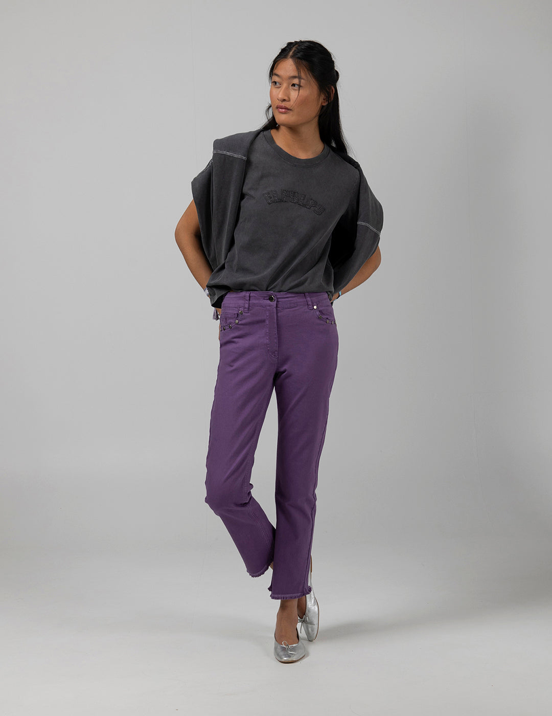 PURPLE TEEN FRAYED DENIM FLARE PANTS