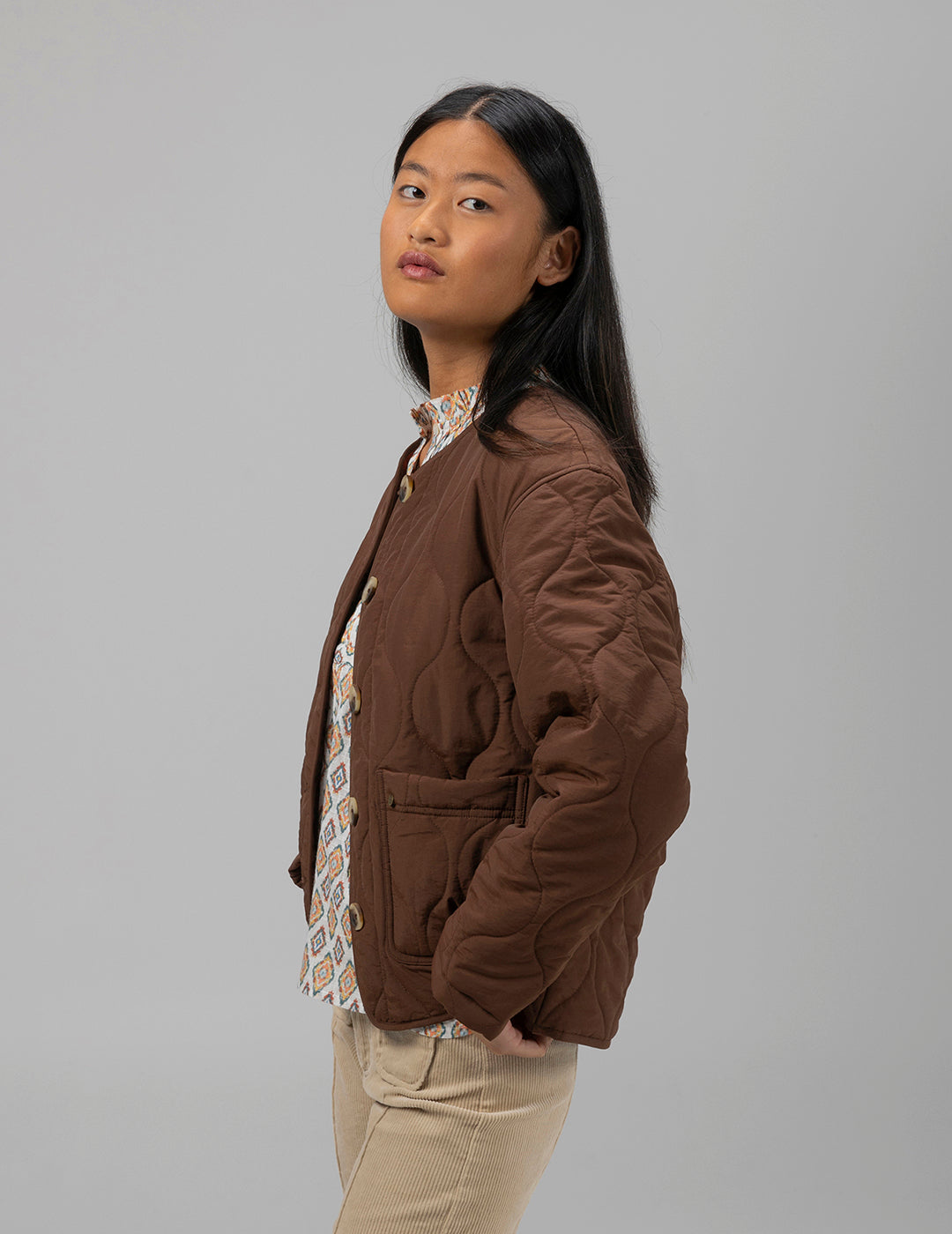 CHOCOLATE BROWN TWO-TONE QUILTED TEEN JACKET