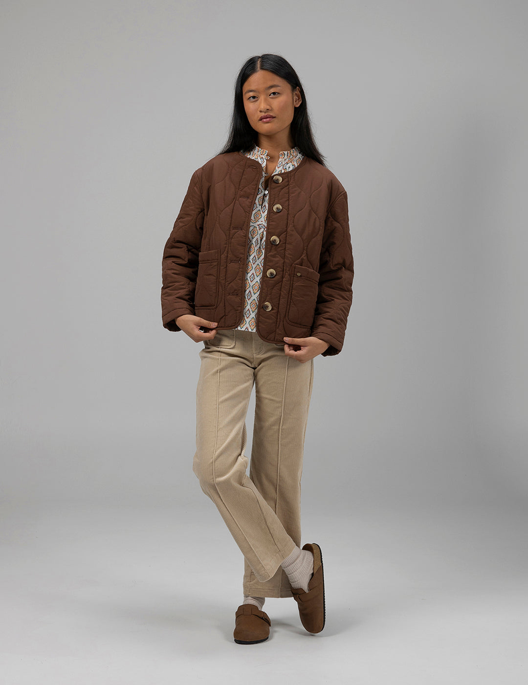 CHOCOLATE BROWN TWO-TONE QUILTED TEEN JACKET