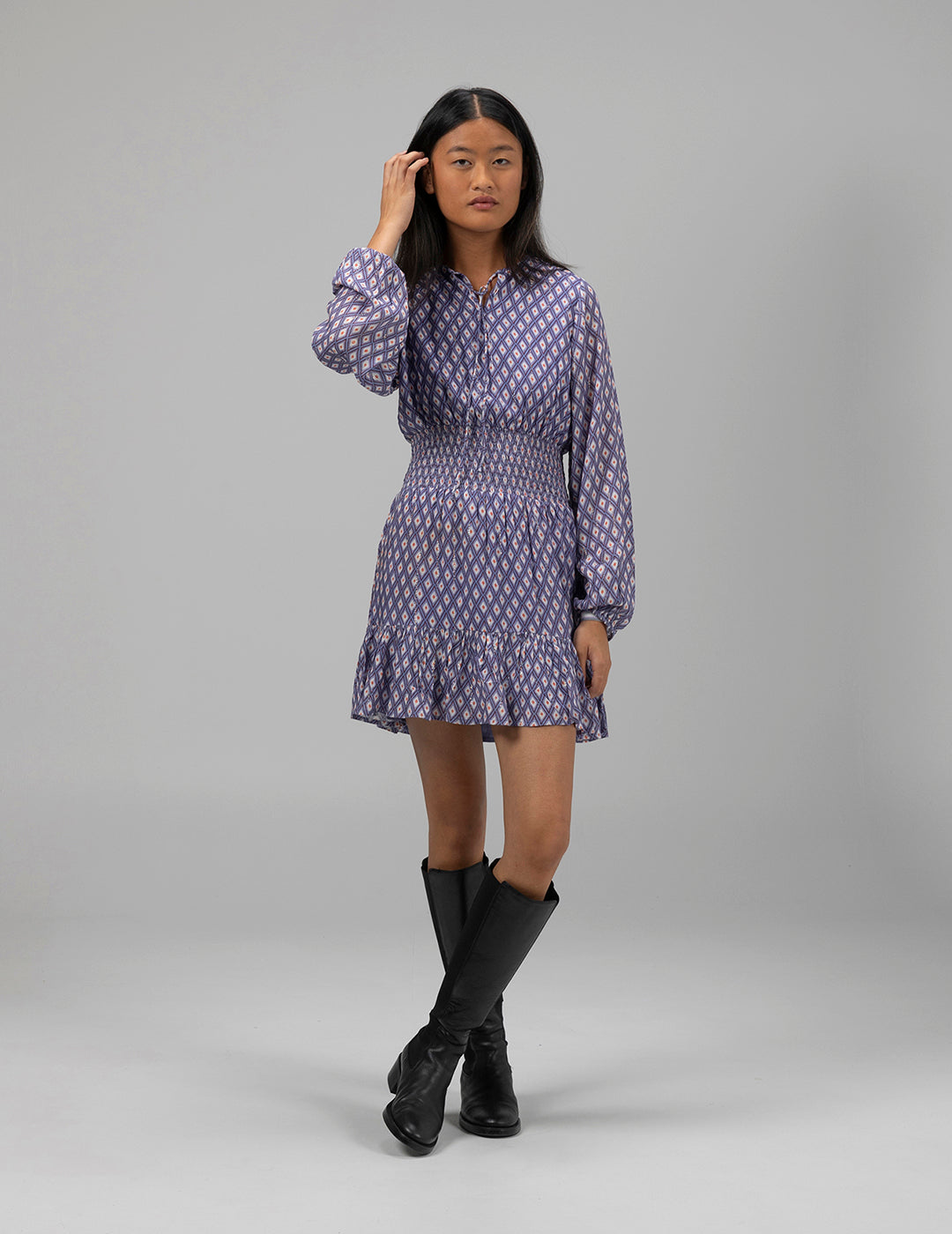 SHORT TEEN DRESS WITH ELASTIC DIAMONDS PRINT INDIGO