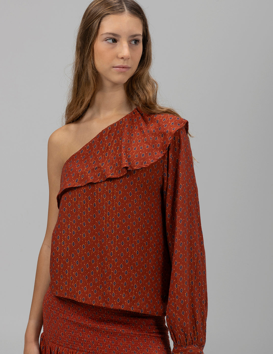 TEEN ASYMMETRIC BLOUSE WITH ETHNIC PRINT IN TILE