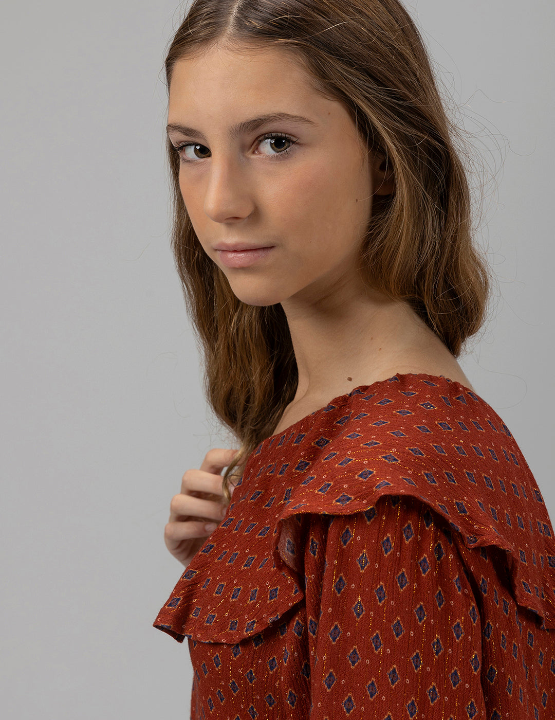 TEEN ASYMMETRIC BLOUSE WITH ETHNIC PRINT IN TILE