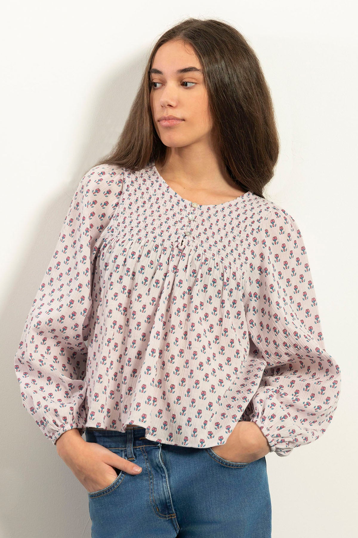 TEEN V-NECK BLOUSE WITH ELASTIC TOP AND PUFF SLEEVES BABY PINK TULIP PRINT