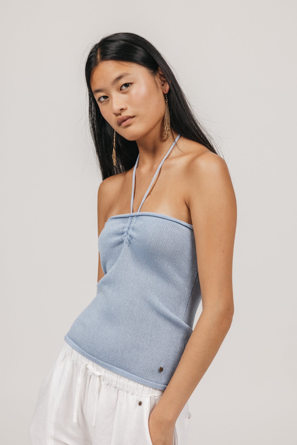 TEEN RUFFLED LUREX KNITTED TOP IN BABY BLUE