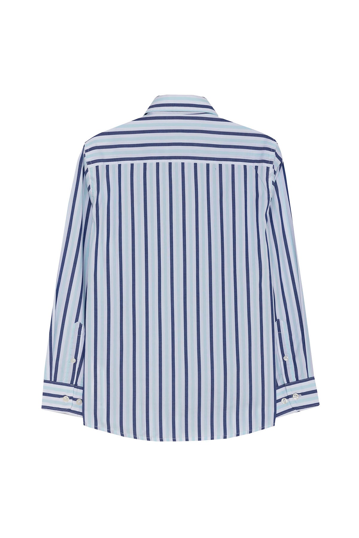 BOY'S POPLIN BUTTON-UP COLLAR SHIRT WITH TURQUOISE BLUE STRIPES