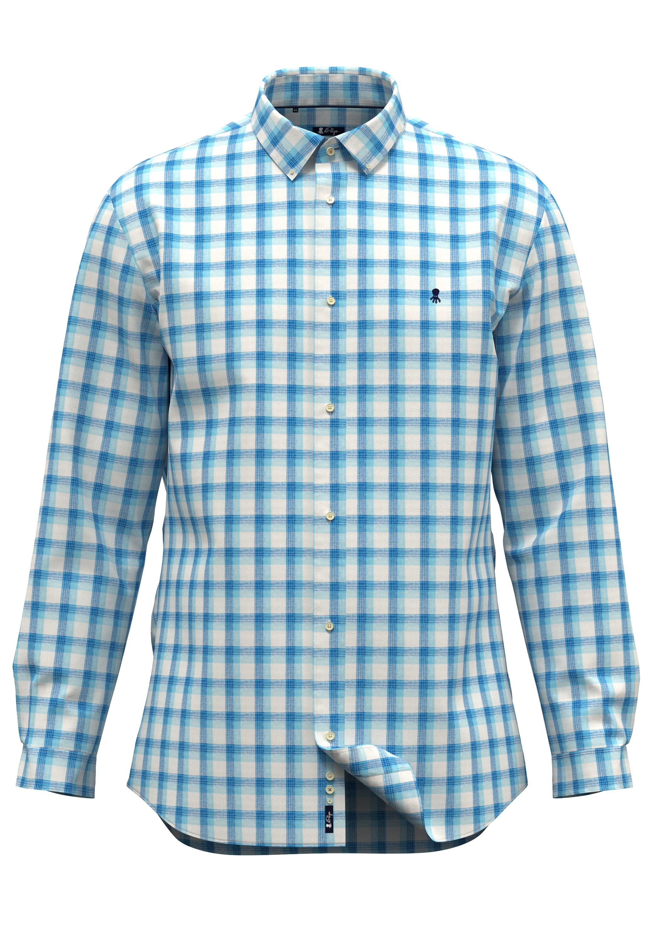 CAMISA CUELLO BOTÓN LINO CUADROS AZUL