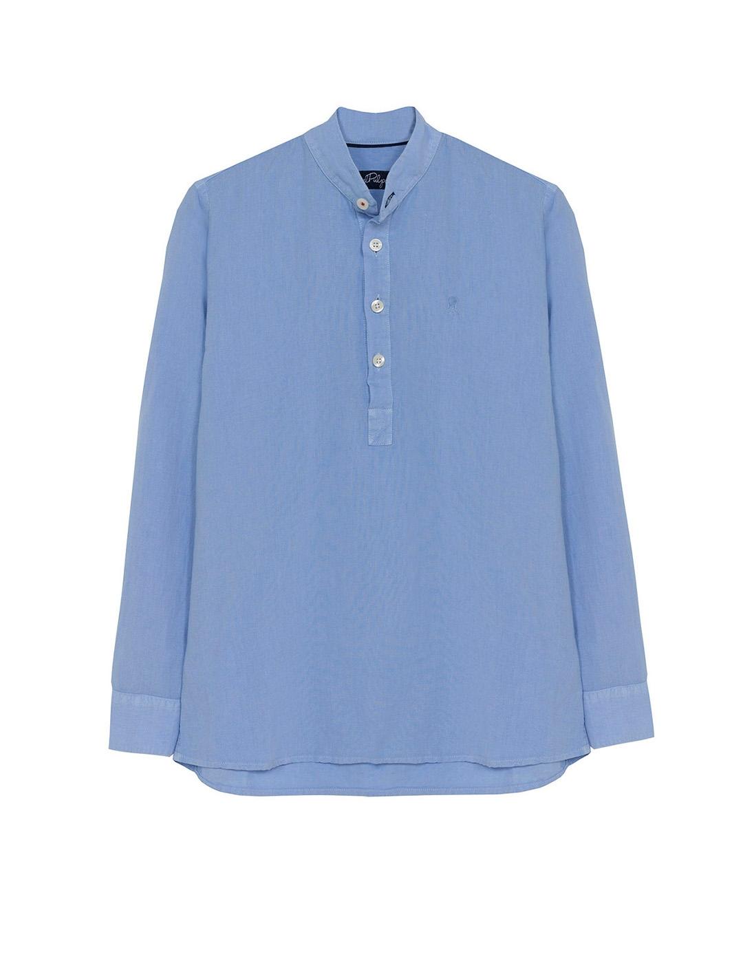 BOY'S LINEN MAO SHIRT WITH SKY BLUE COLLAR