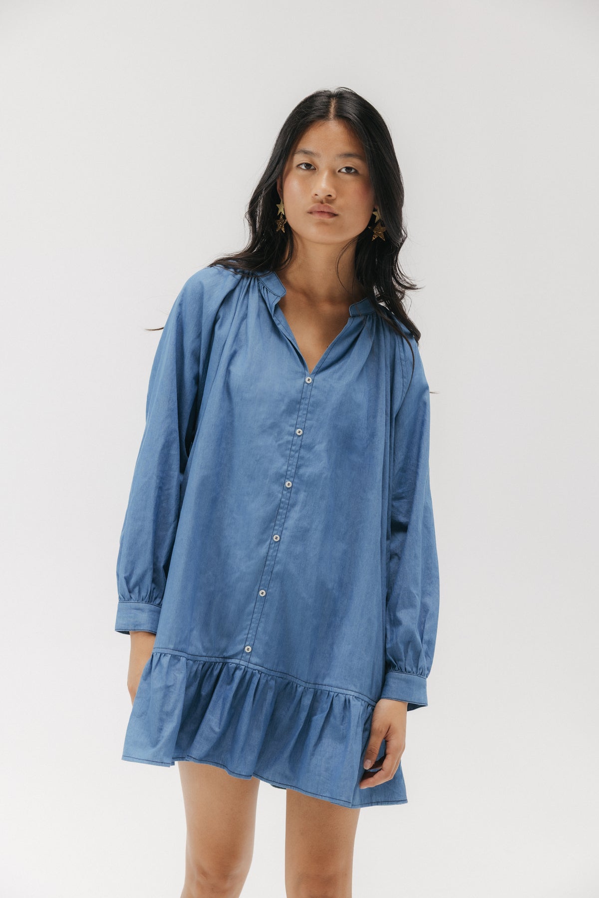 VESTIDO TEEN DENIM MANGA ABULLONADA AZUL CLARO