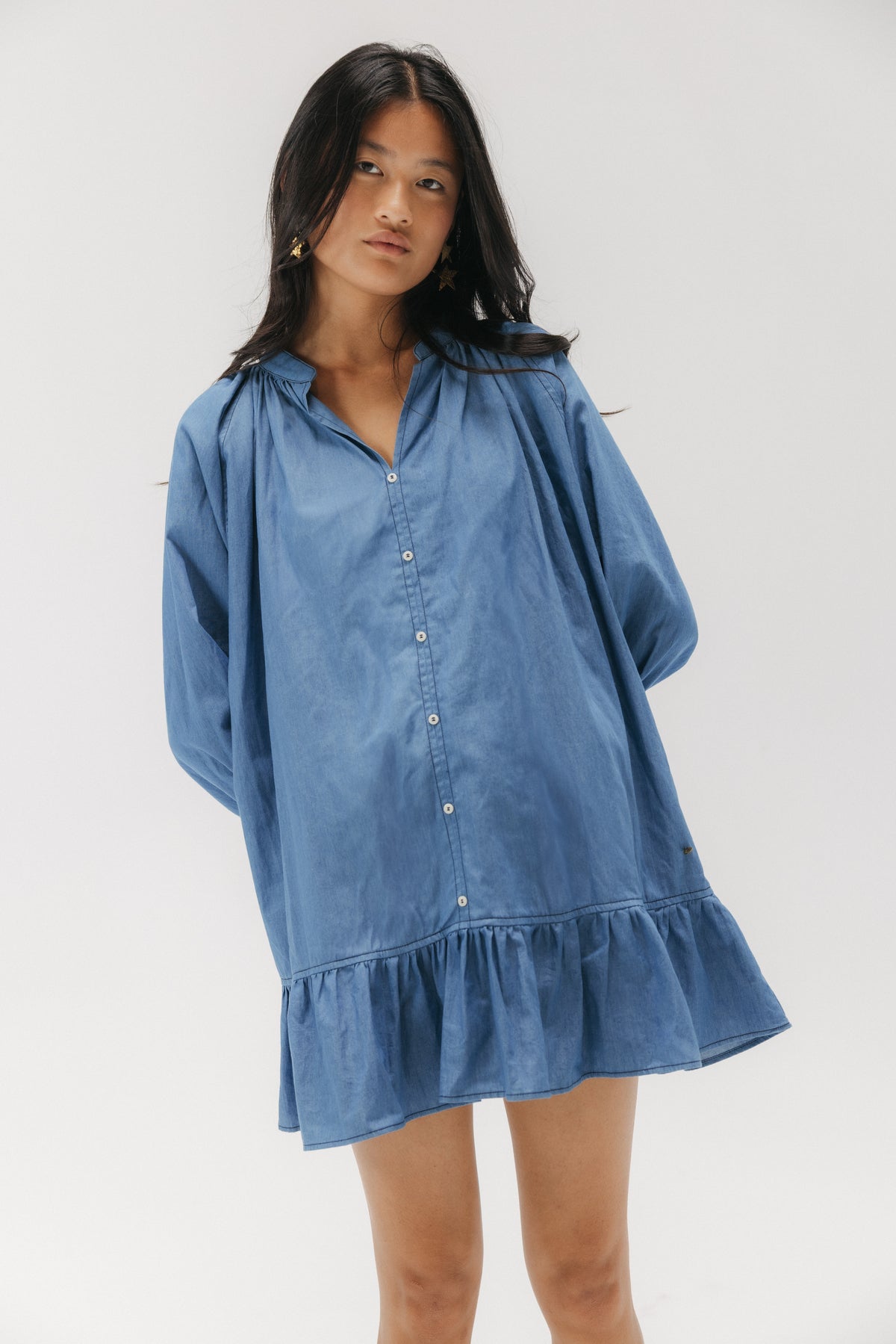VESTIDO TEEN DENIM MANGA ABULLONADA AZUL CLARO