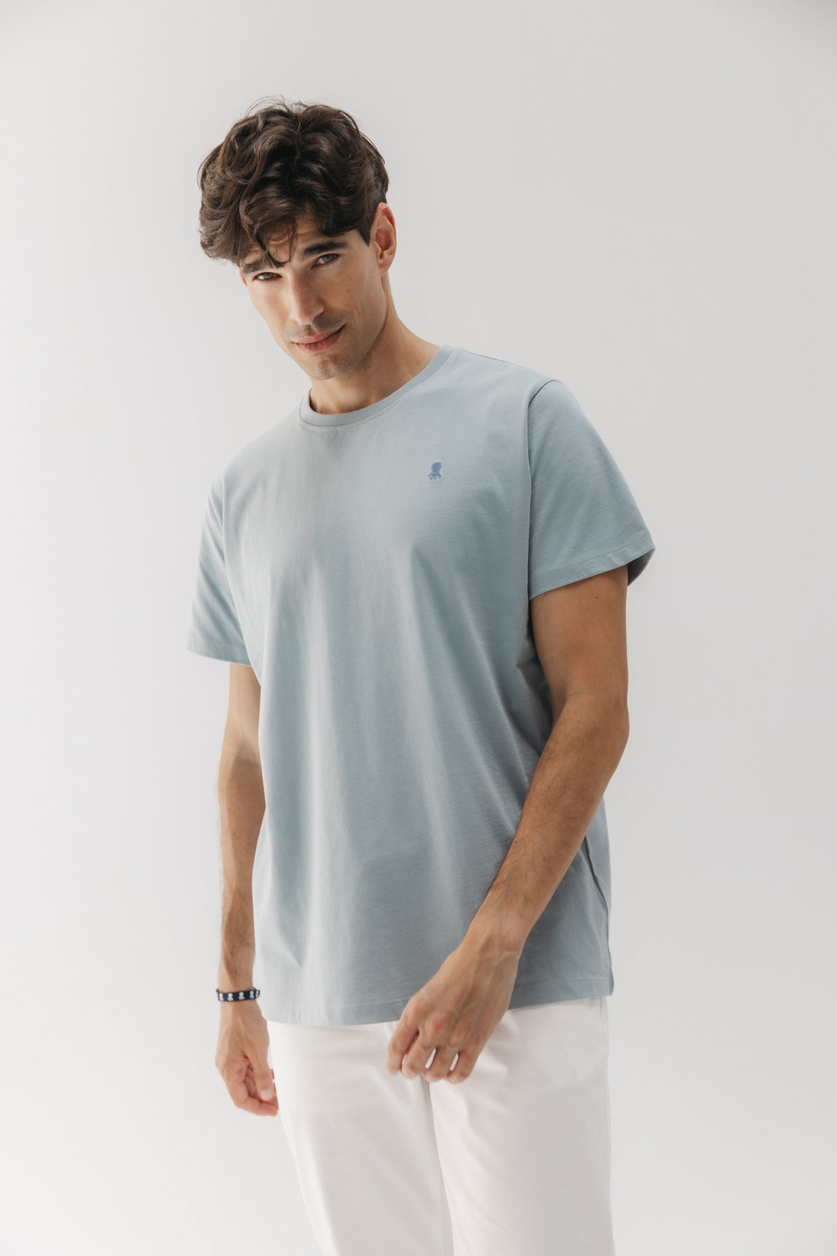 CAMISETA BÁSICA BORDADO AZUL GRISÁCEO
