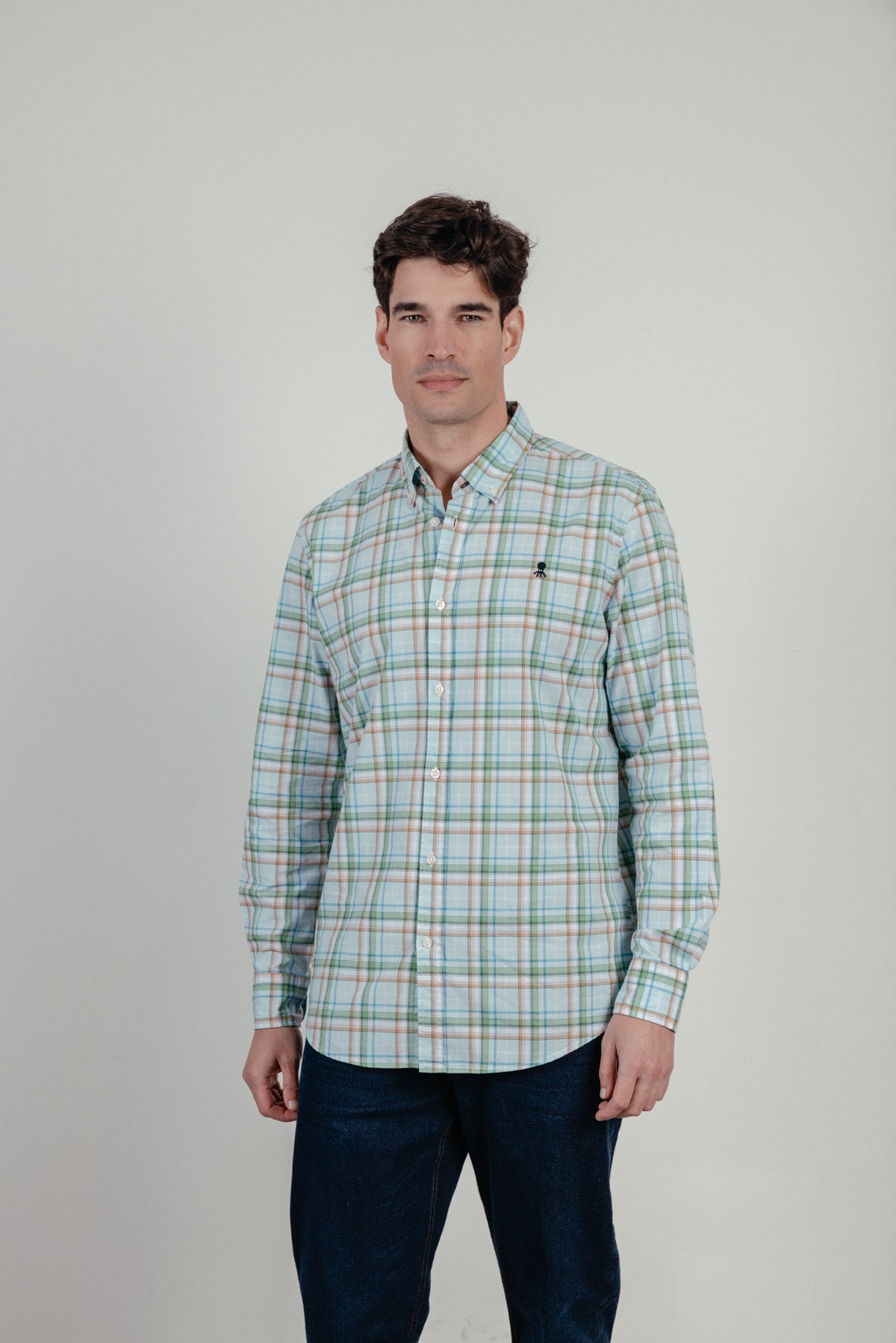 Camisa casual popelín cuadro verde agua