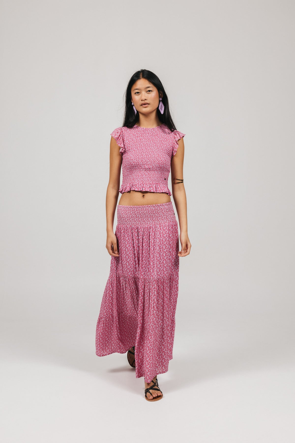 FALDA TEEN LARGA VUELO ESTAMPADO HOJAS LILA