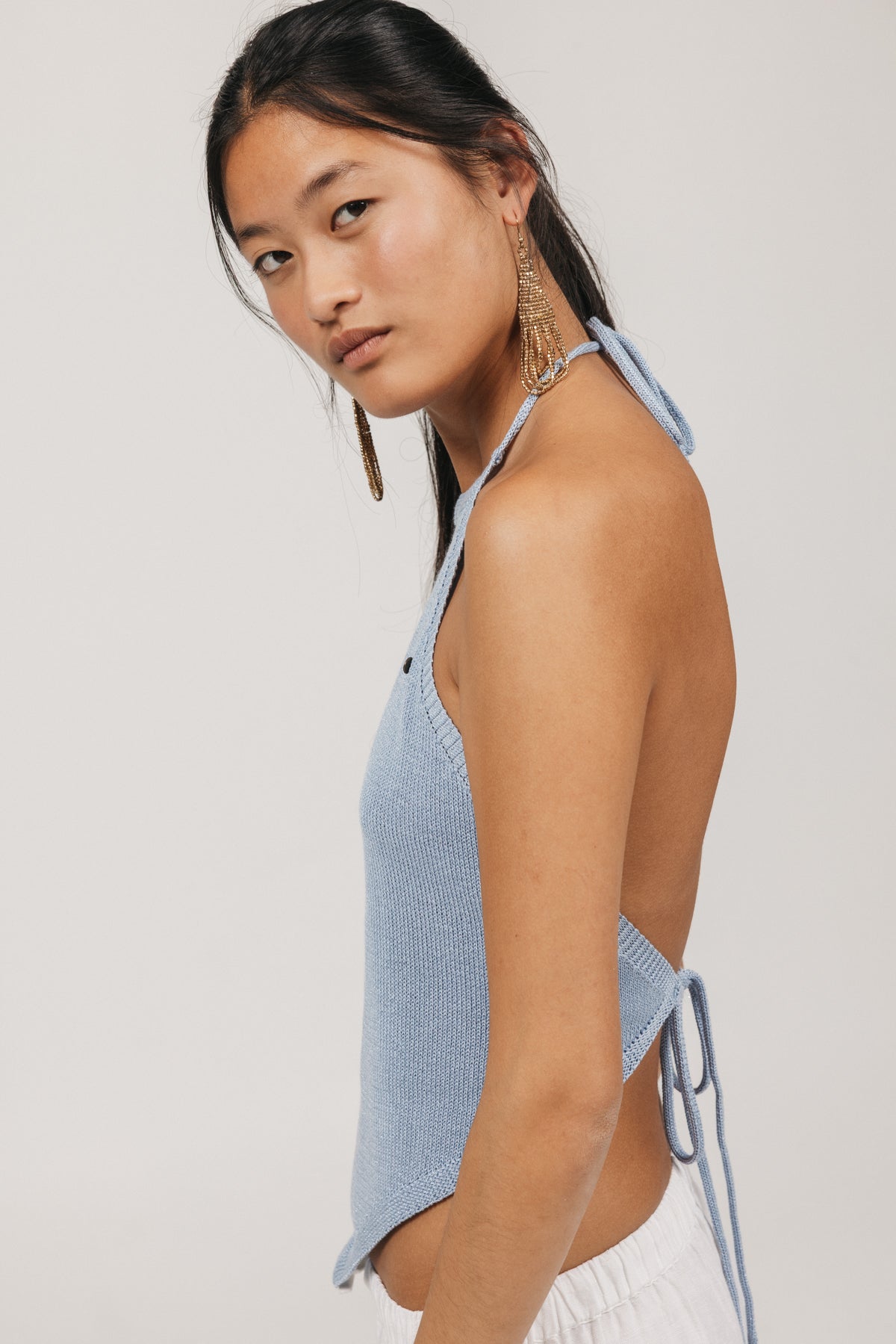 TEEN HALTER LUREX BABY BLUE KNITTED TOP