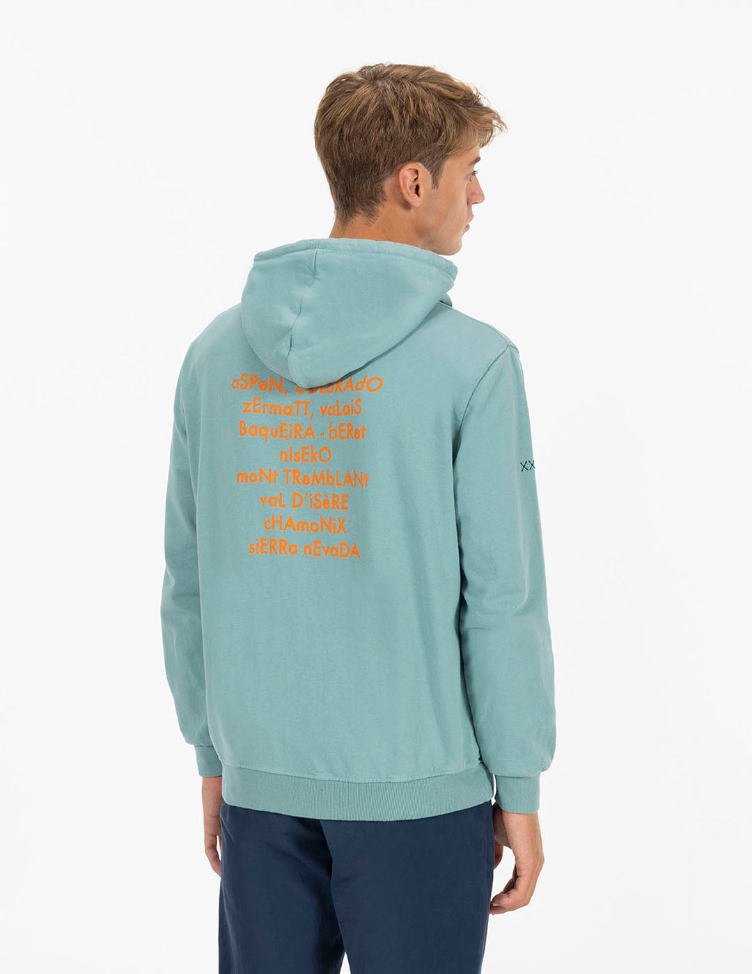 SAPPHIRE BLUE SKI STATIONS PRINT HOODED SWEATSHIRT